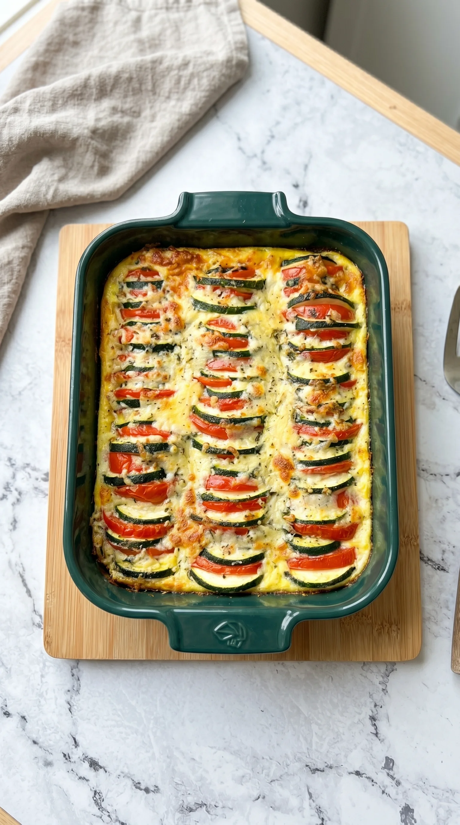 A green dish with a zucchini and tomato casserole.
