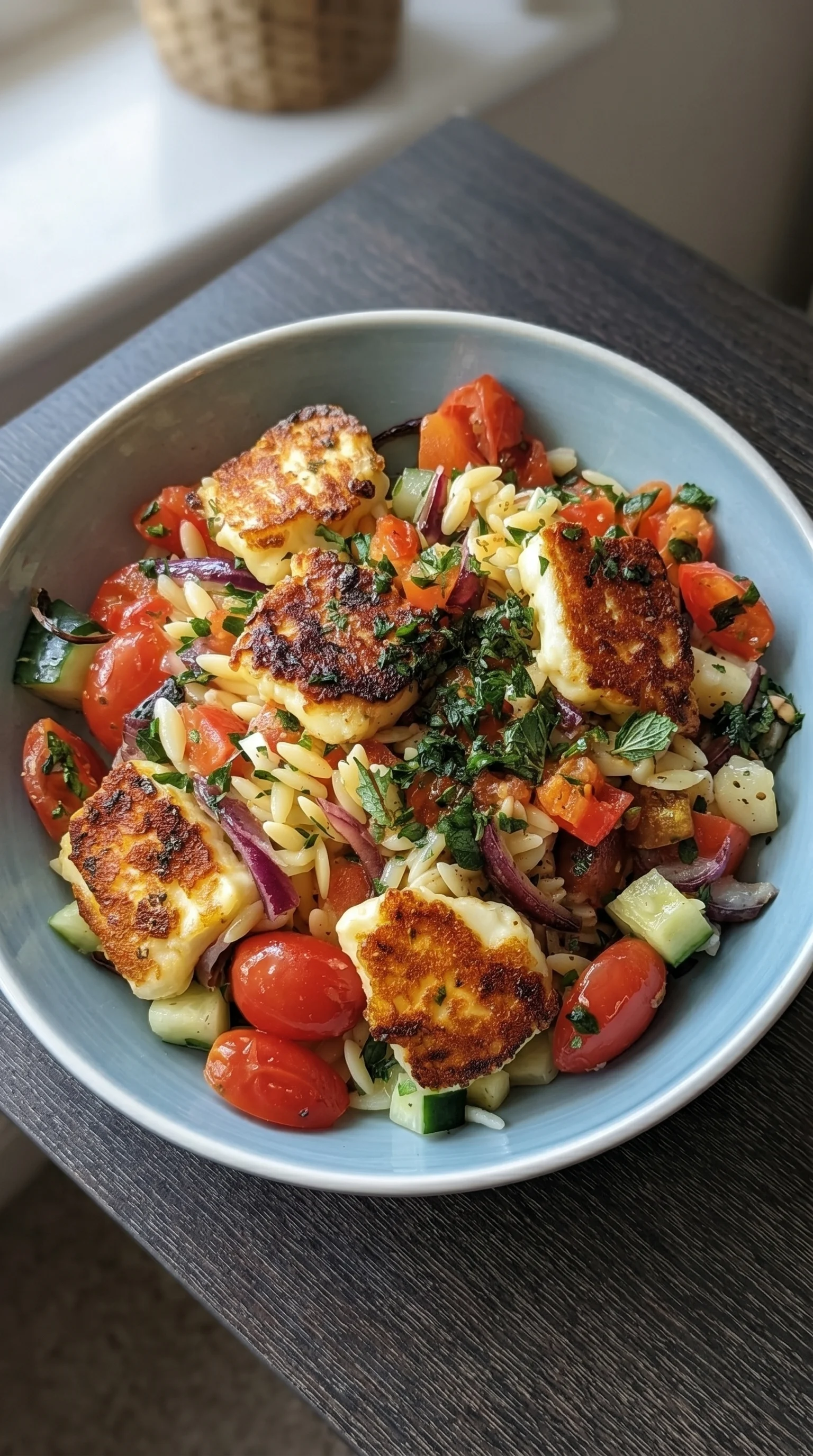 A bowl of food with tomatoes, onions, and cheese.