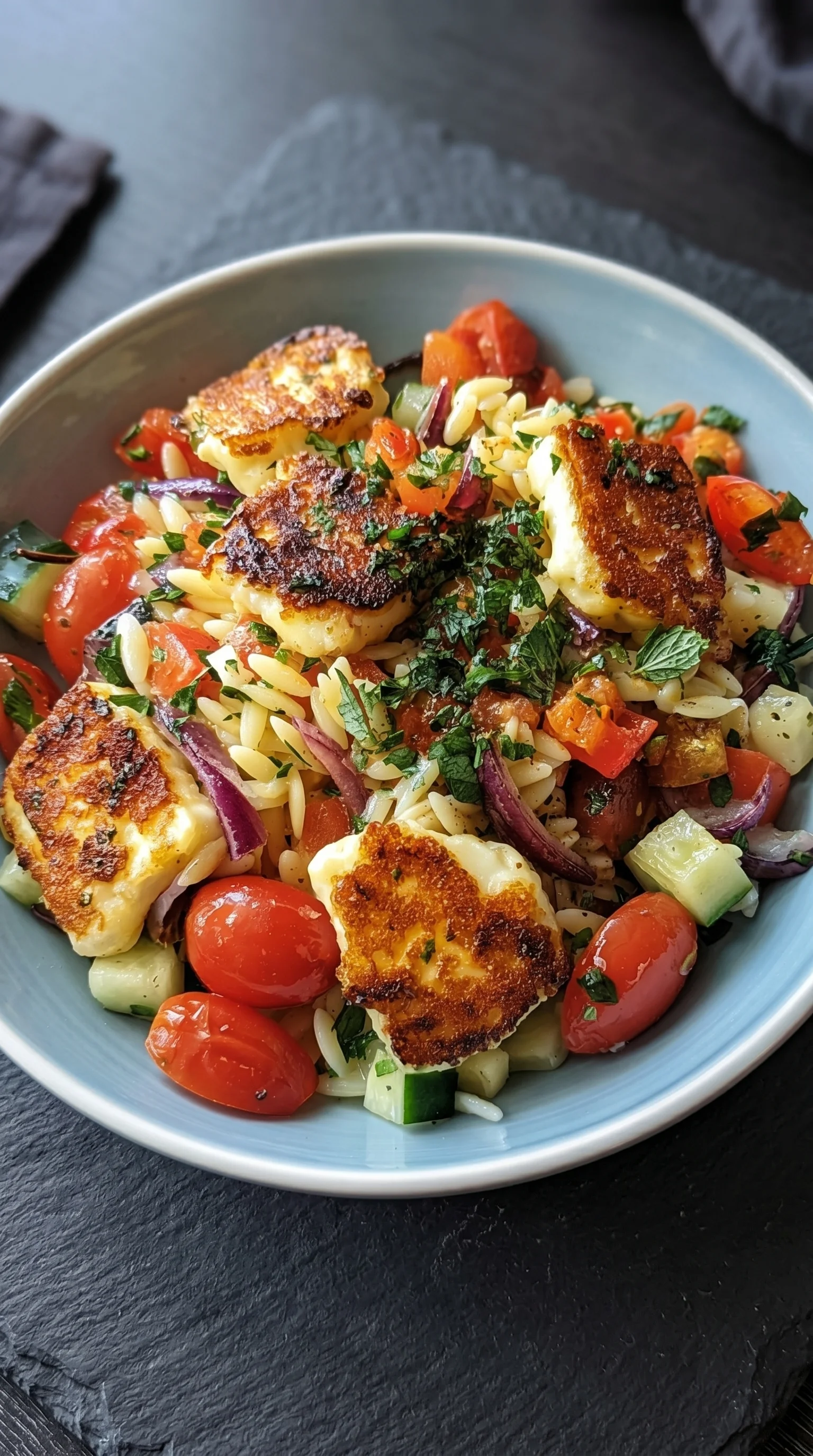 A bowl of food with tomatoes, onions, and cheese.