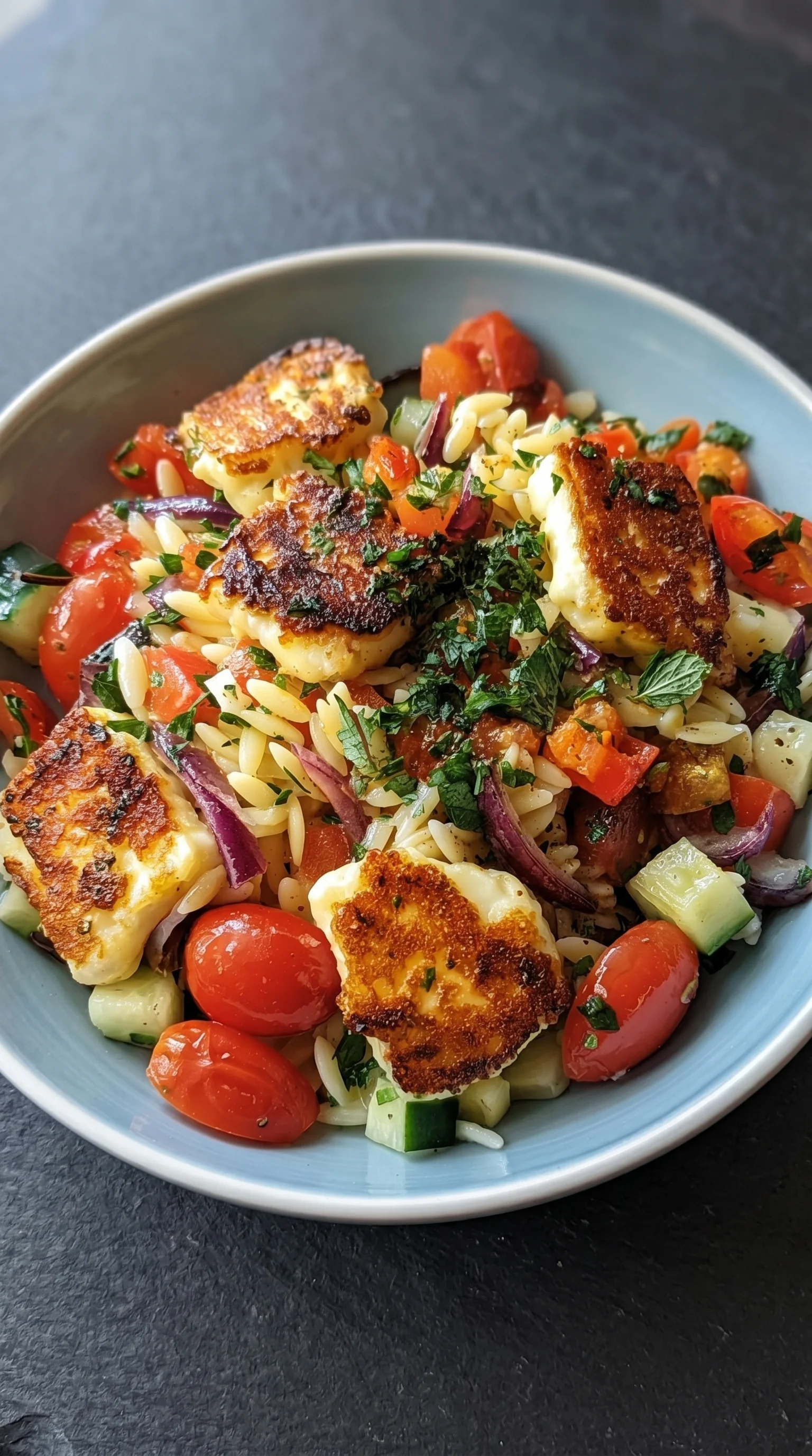A bowl of food with tomatoes, onions, and cheese.