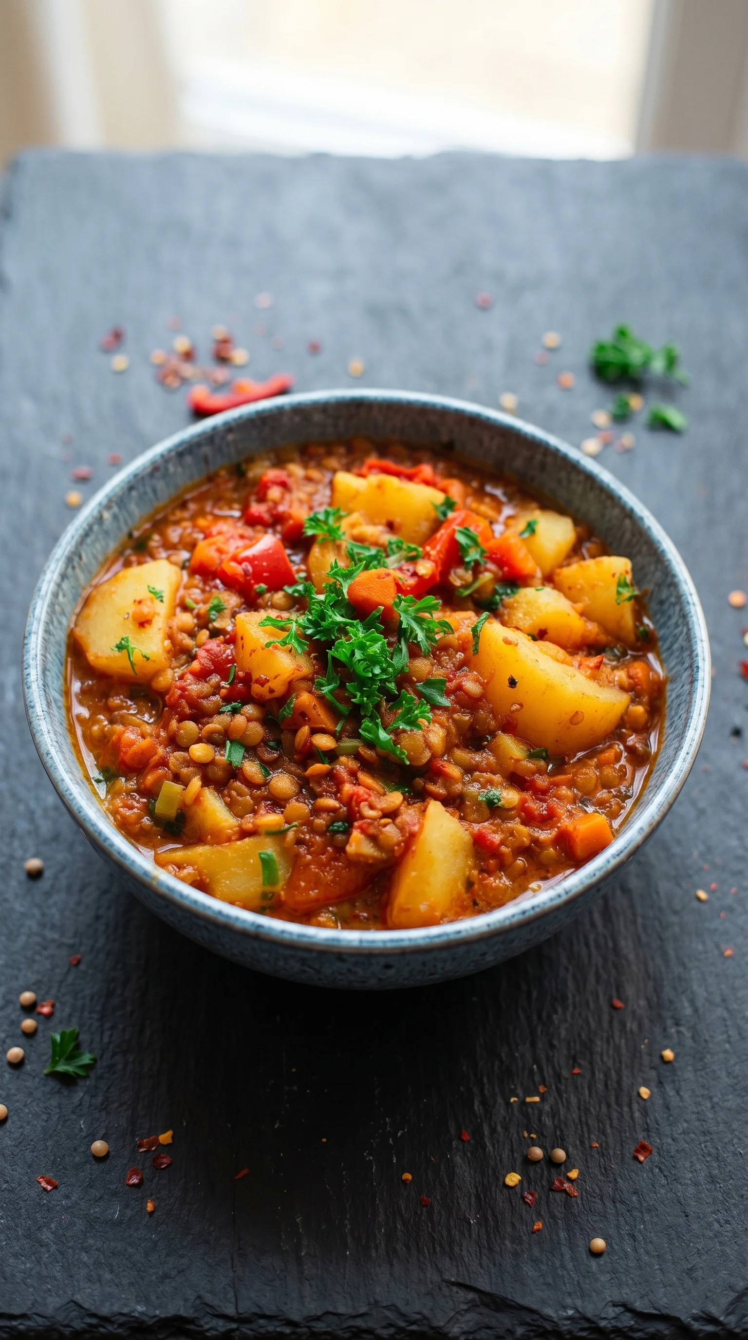 A bowl of soup with vegetables and lentils.