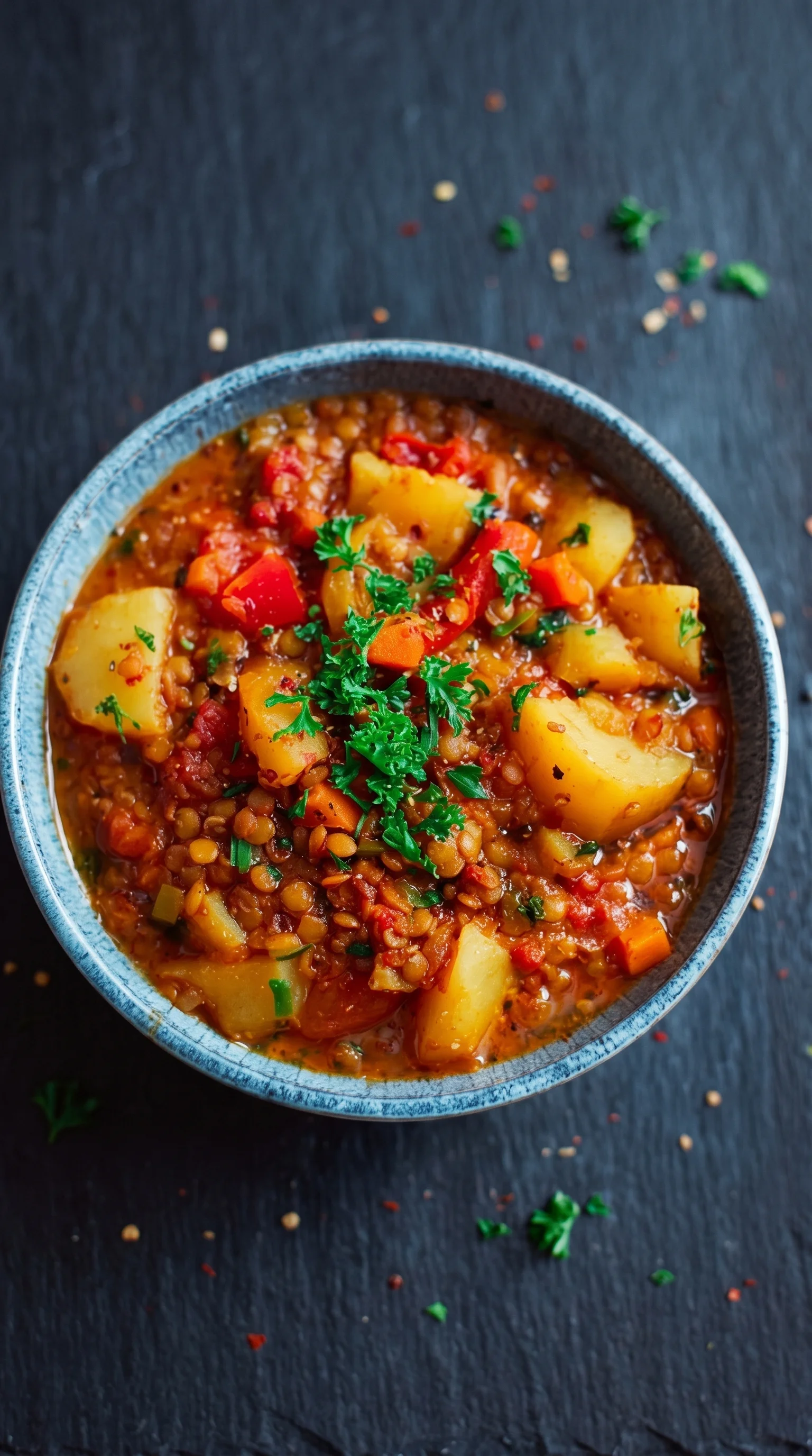 A bowl of soup with potatoes and carrots.