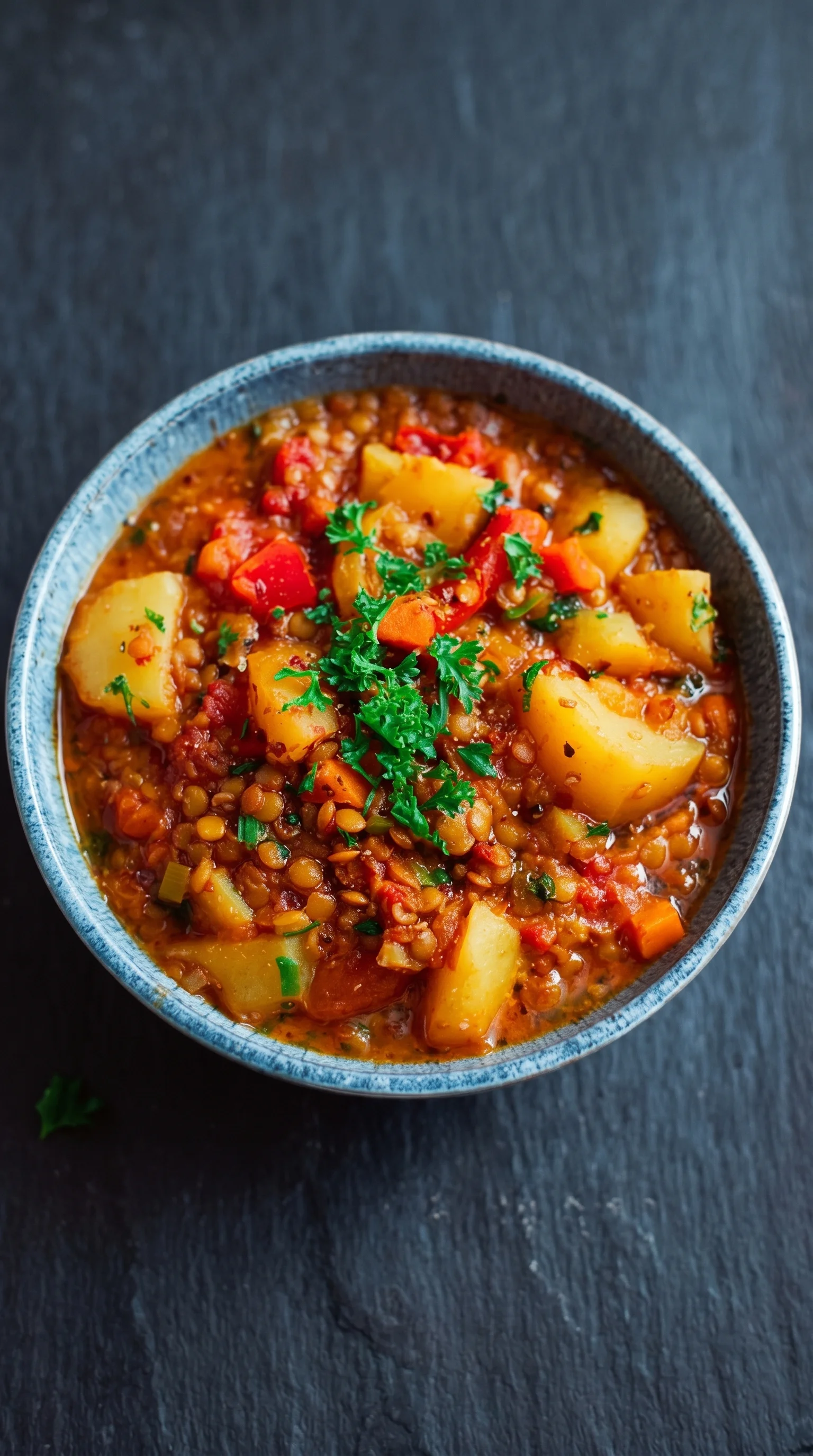 A bowl of soup with potatoes and paprika.