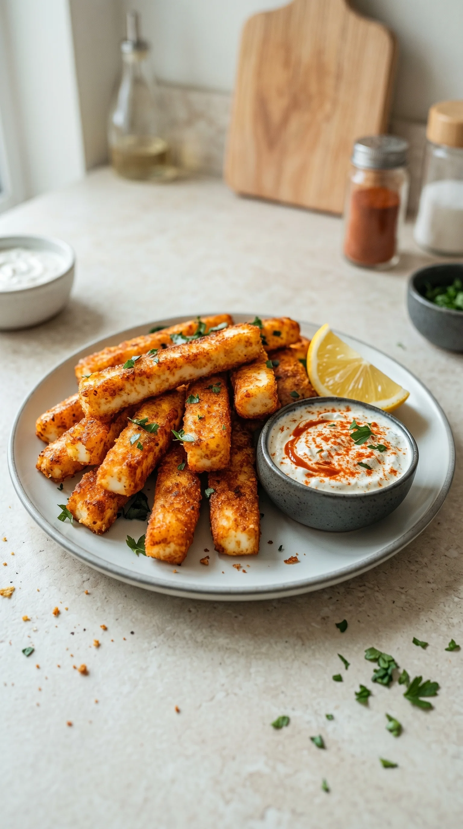 A plate of fried food with a bowl of sauce.