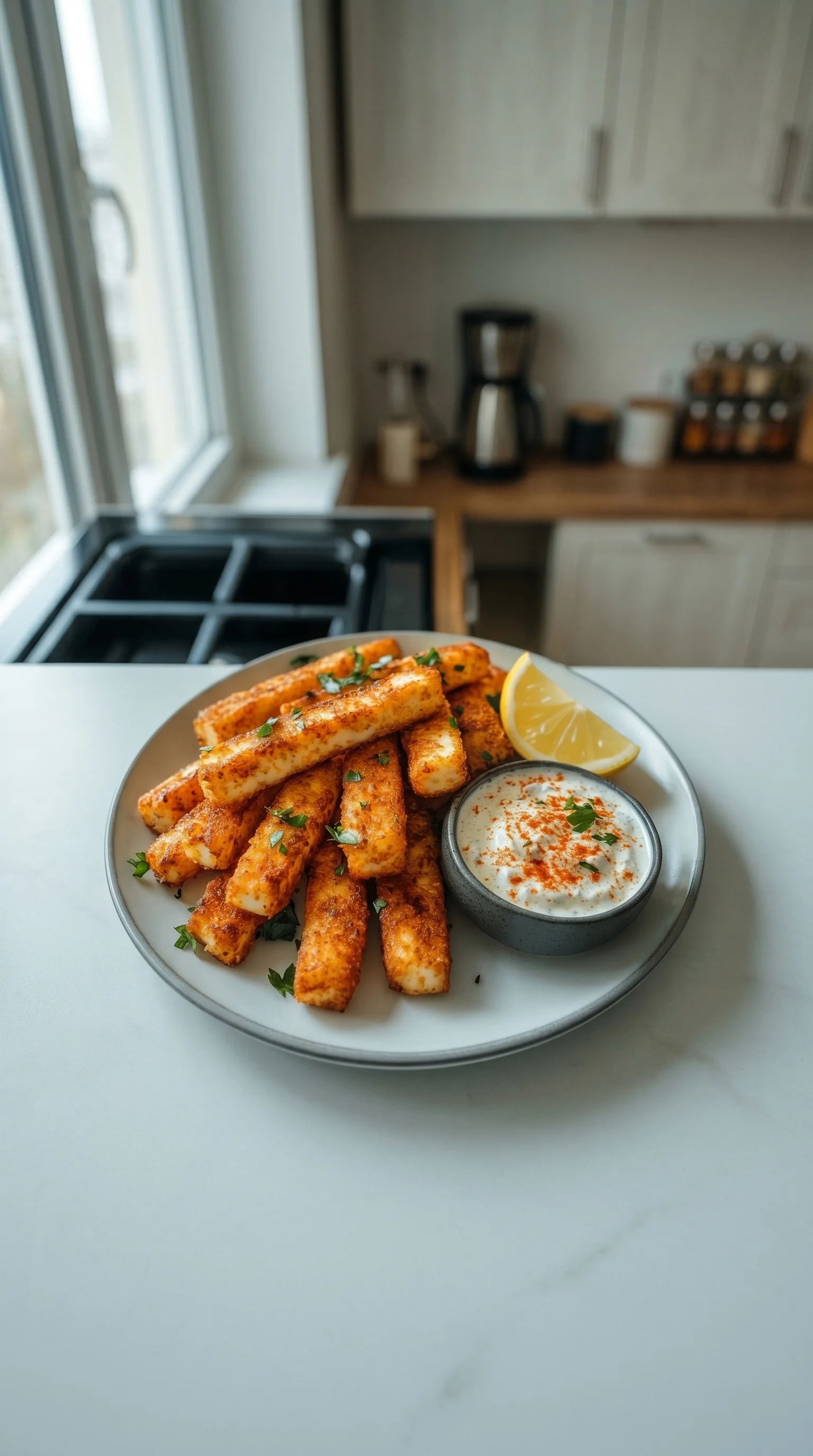 A plate of grilled halloumi sticks with a spicy dip.