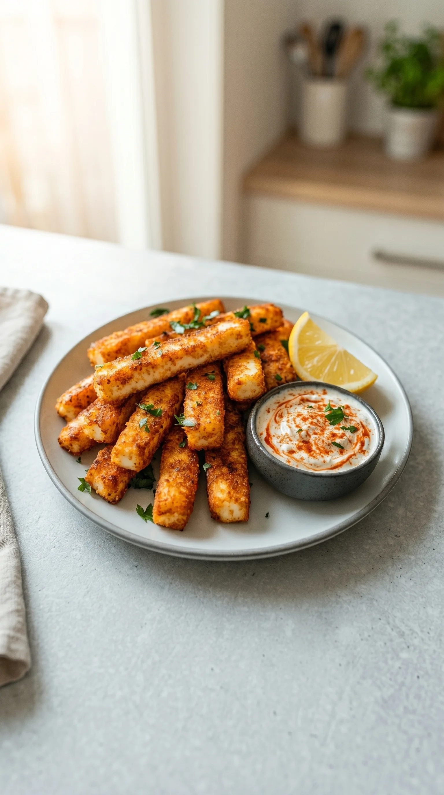 A plate of fried food with a lemon wedge on the side.