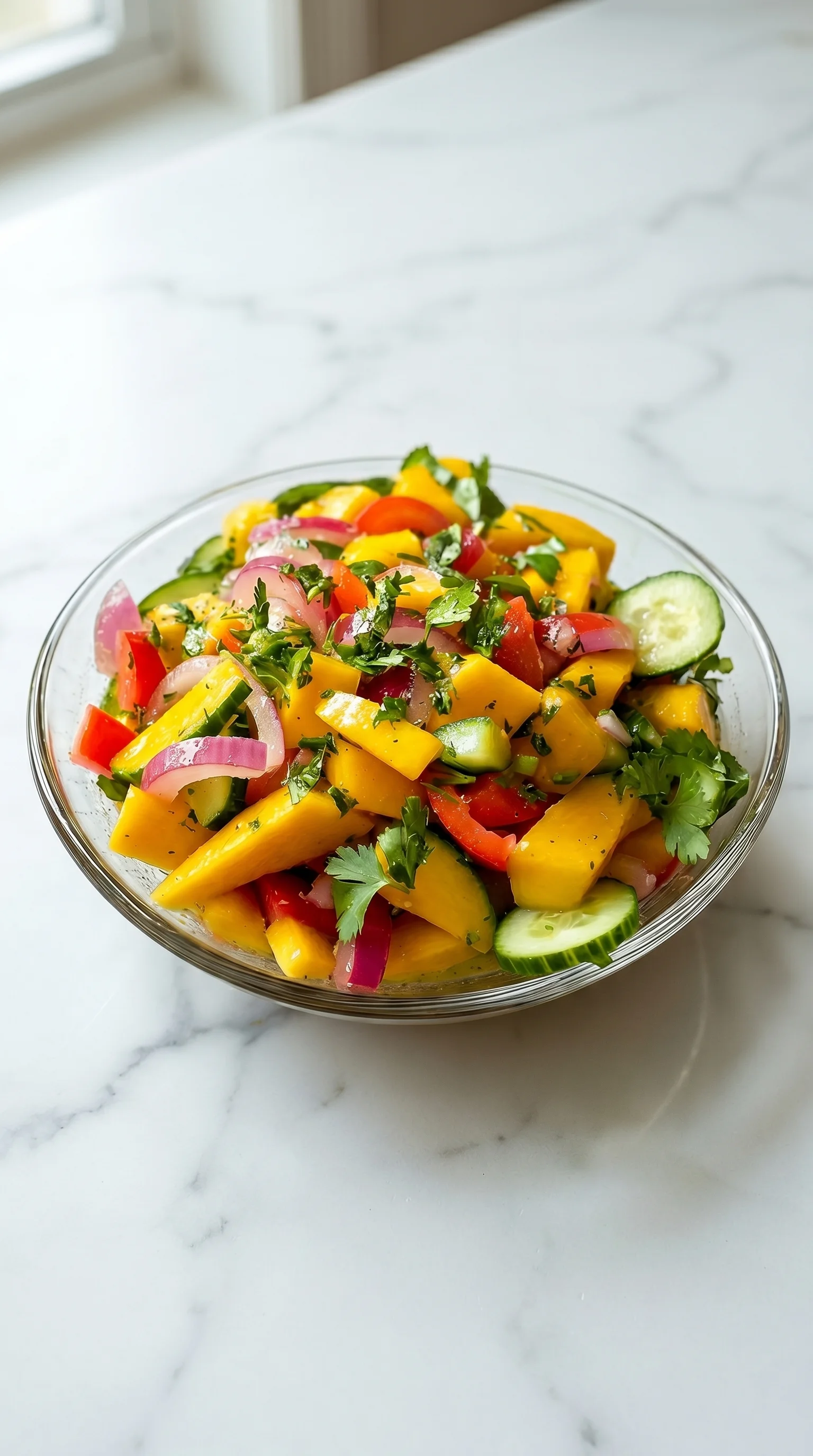 A bowl of fresh fruit salad with cucumbers and a dressing.
