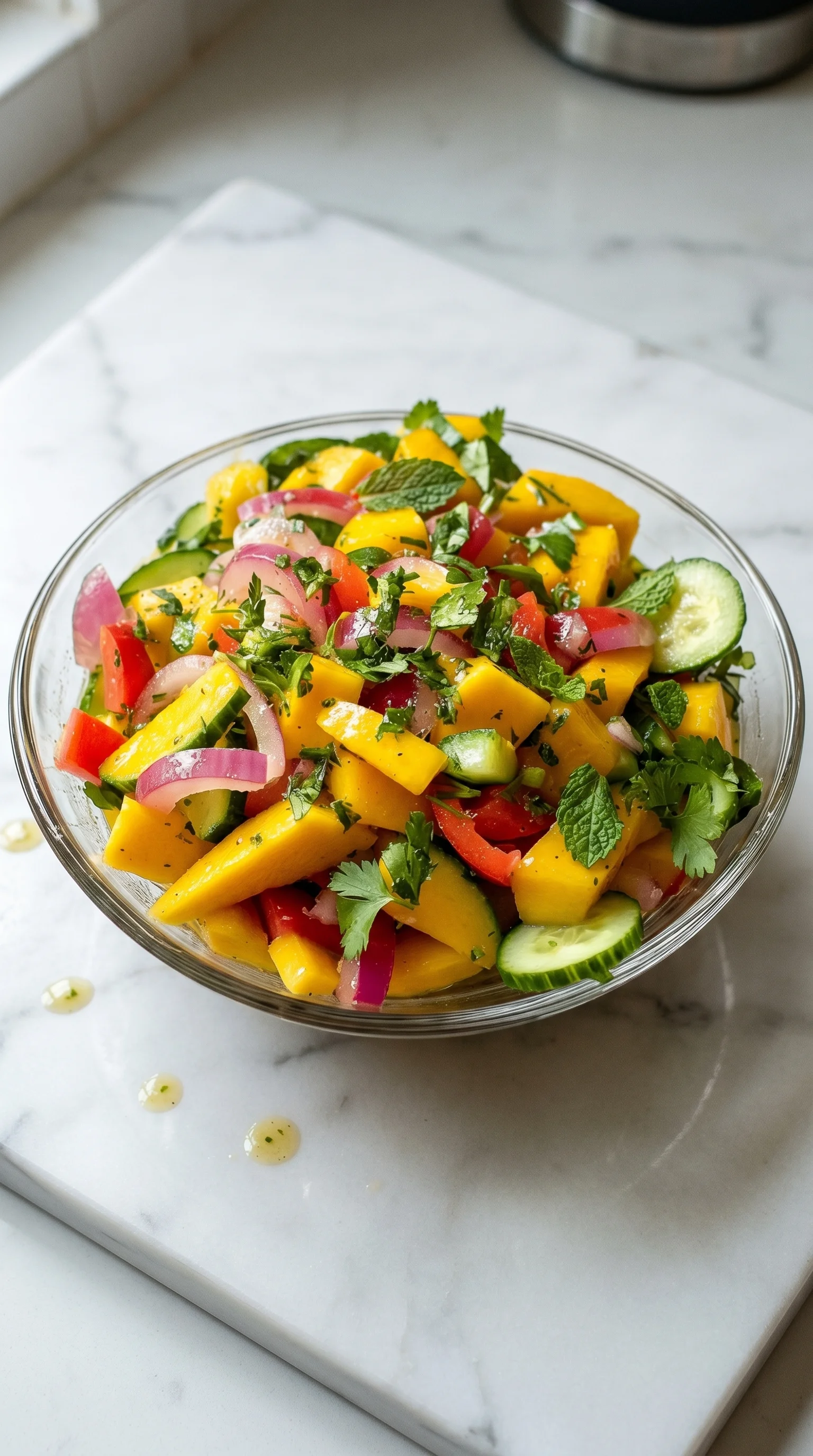 A bowl of fruit salad with cucumbers, tomatoes, and mango.