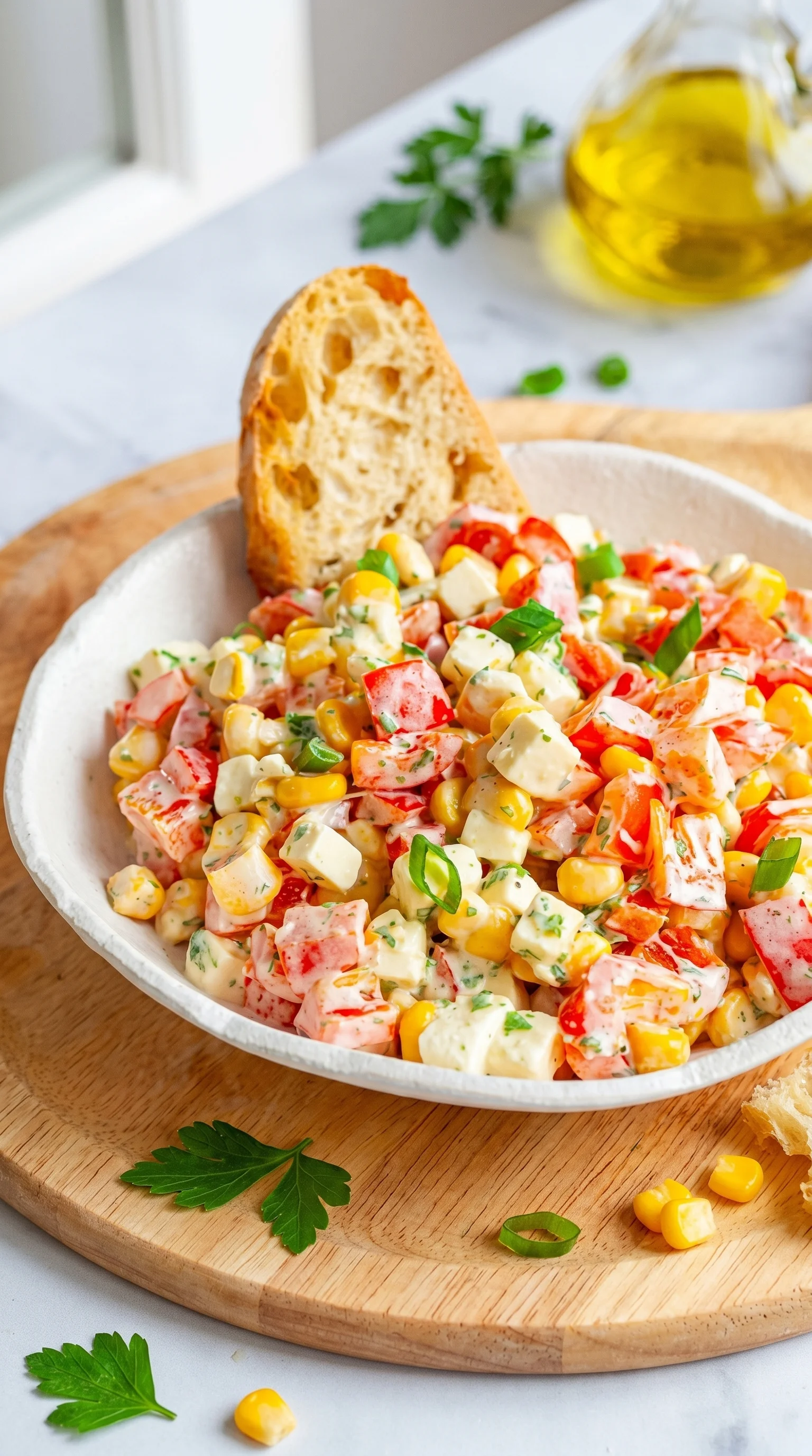 A bowl of salad with corn, tomatoes, and feta cheese.