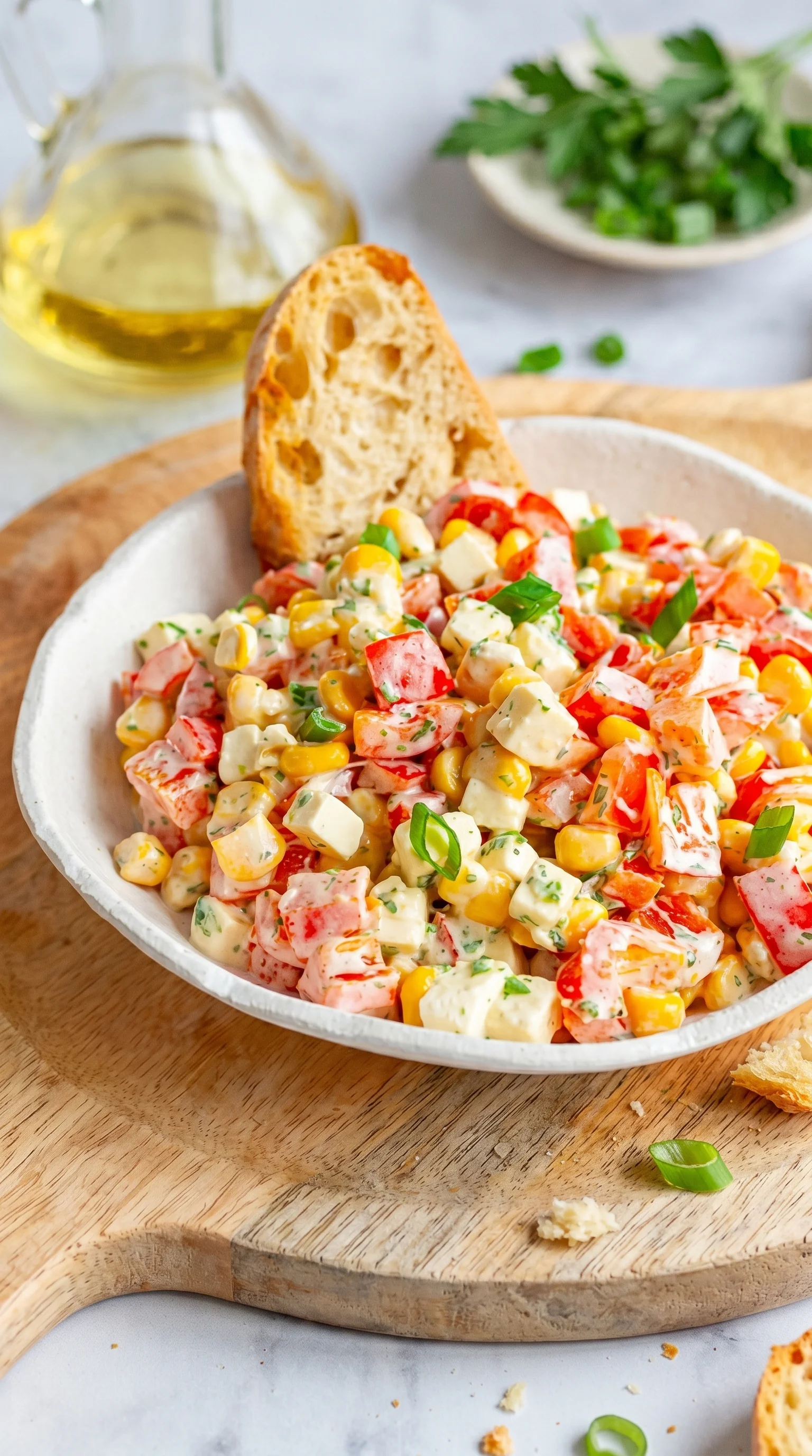 A bowl of food with corn and tomatoes.