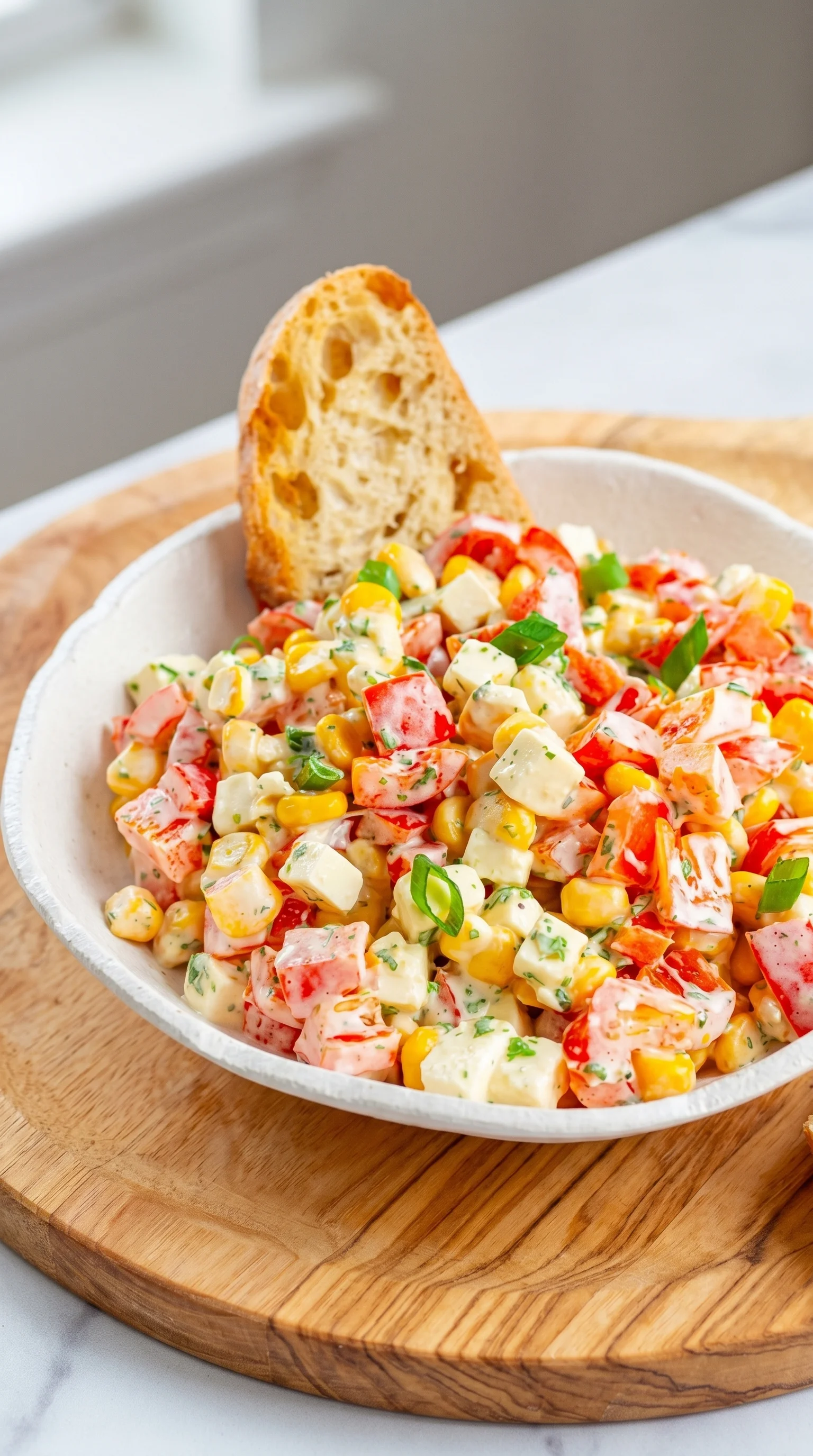 A bowl of salad with corn, tomatoes, and feta cheese.