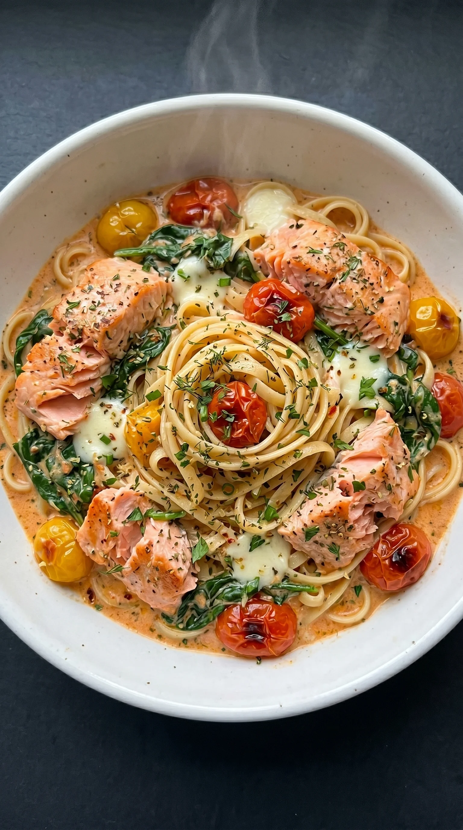 A bowl of pasta with salmon and tomatoes.
