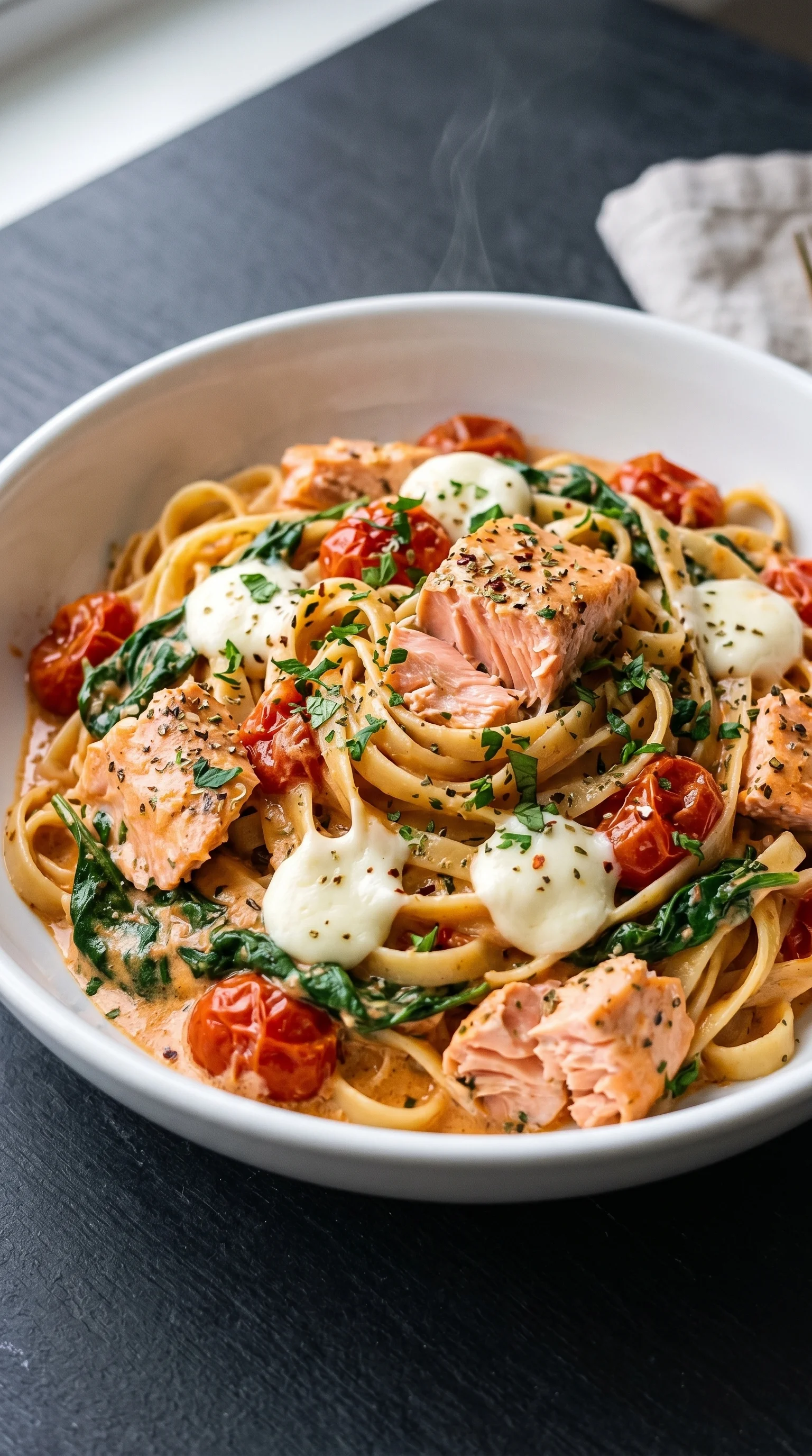 A bowl of pasta with salmon and tomatoes.