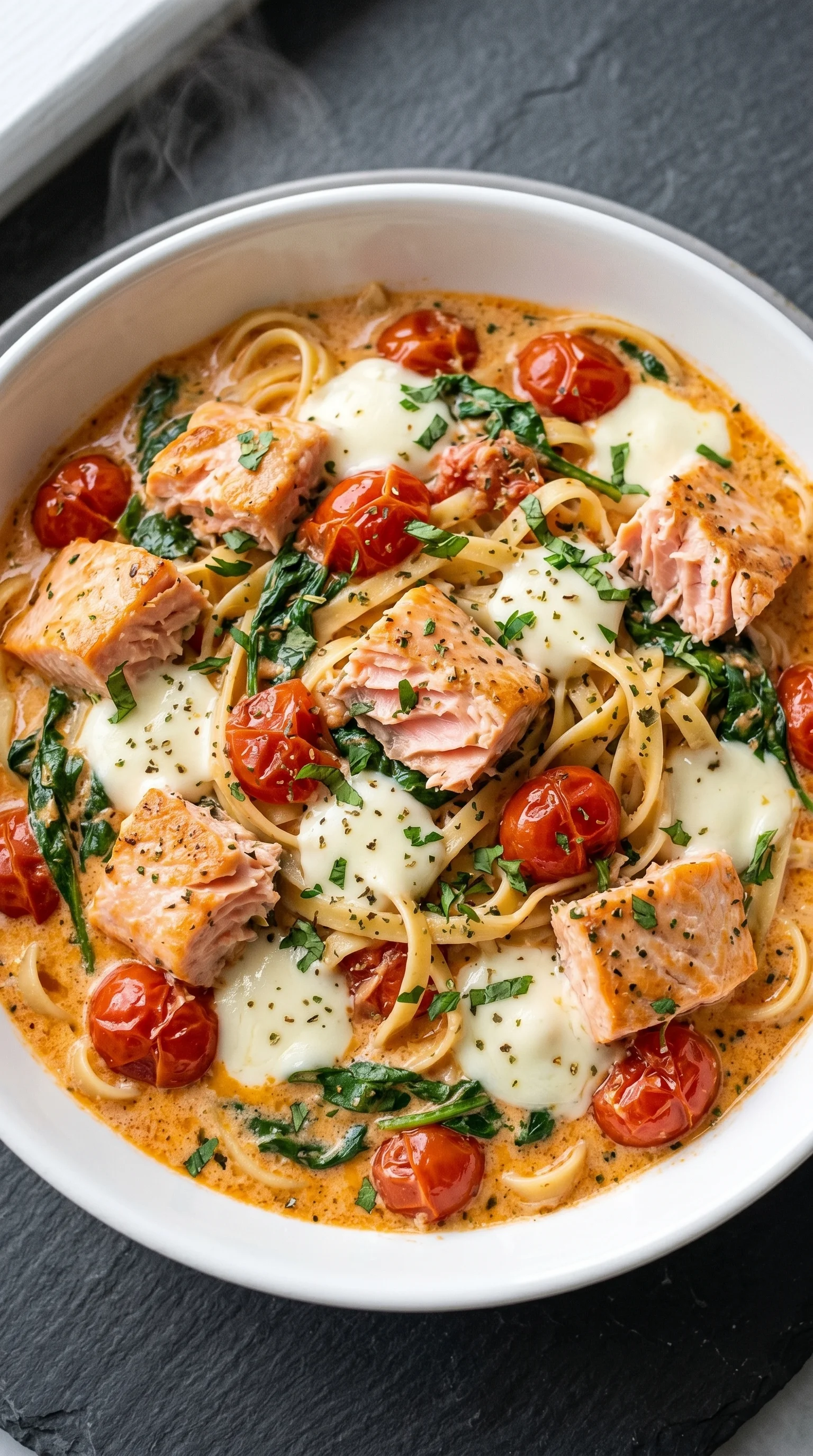 A bowl of pasta with salmon and tomatoes.