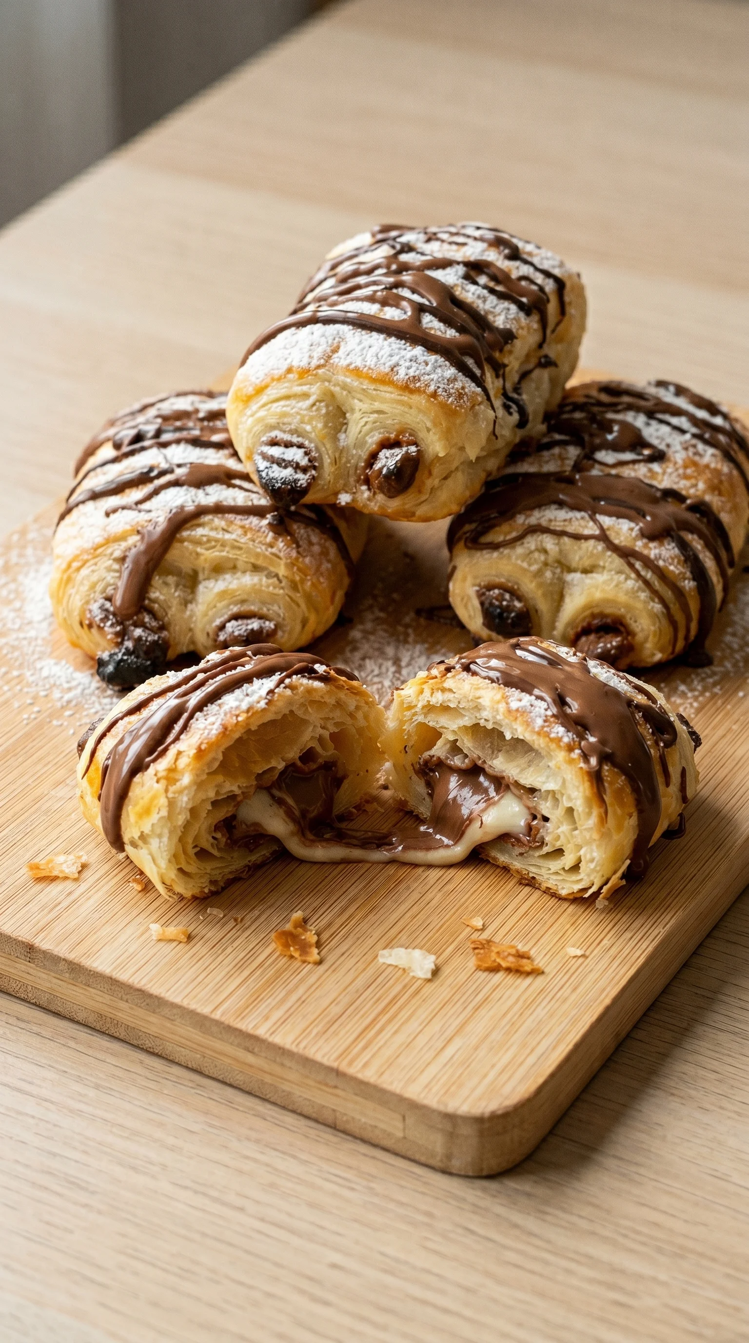 Chocolate and powdered croissants on a wooden table.