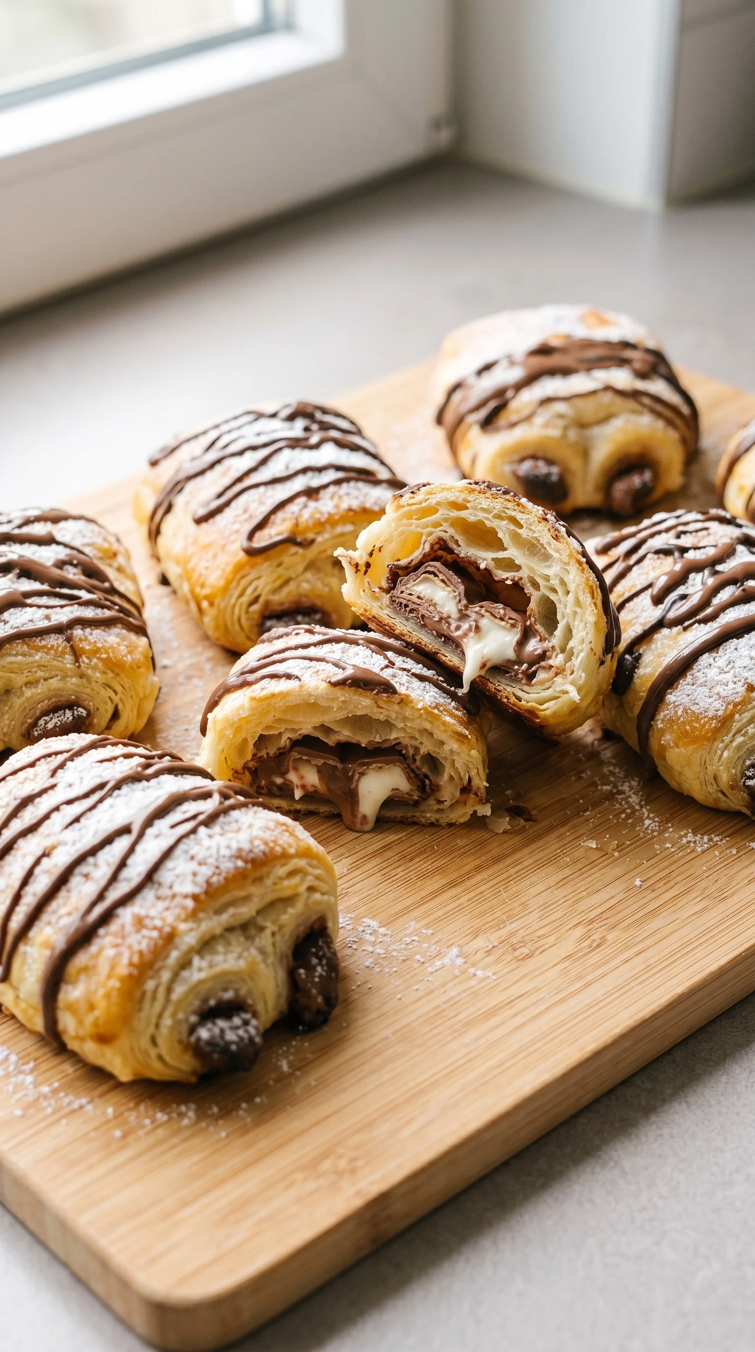A plate of croissants with chocolate and powdered sugar.