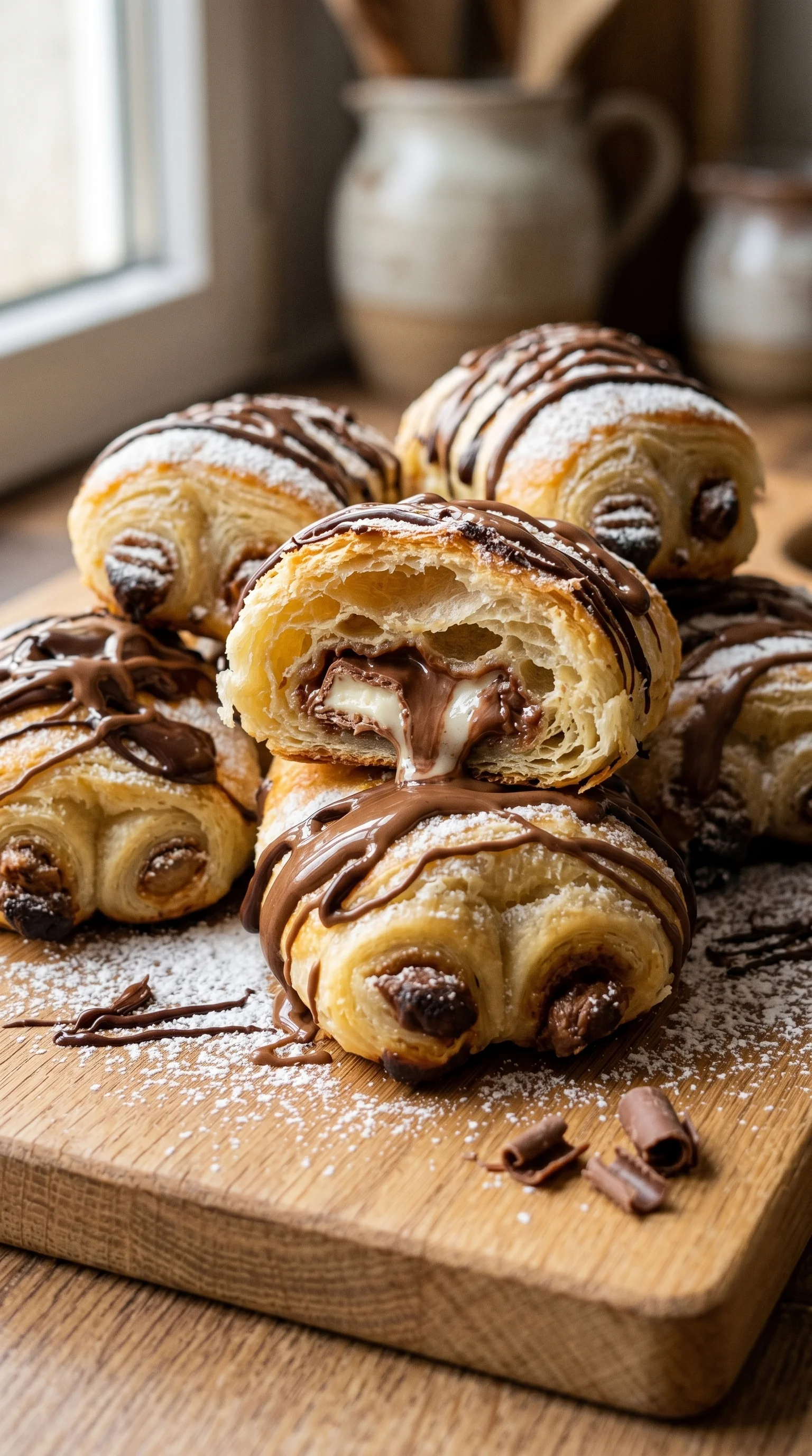 Chocolate covered croissants on a table.