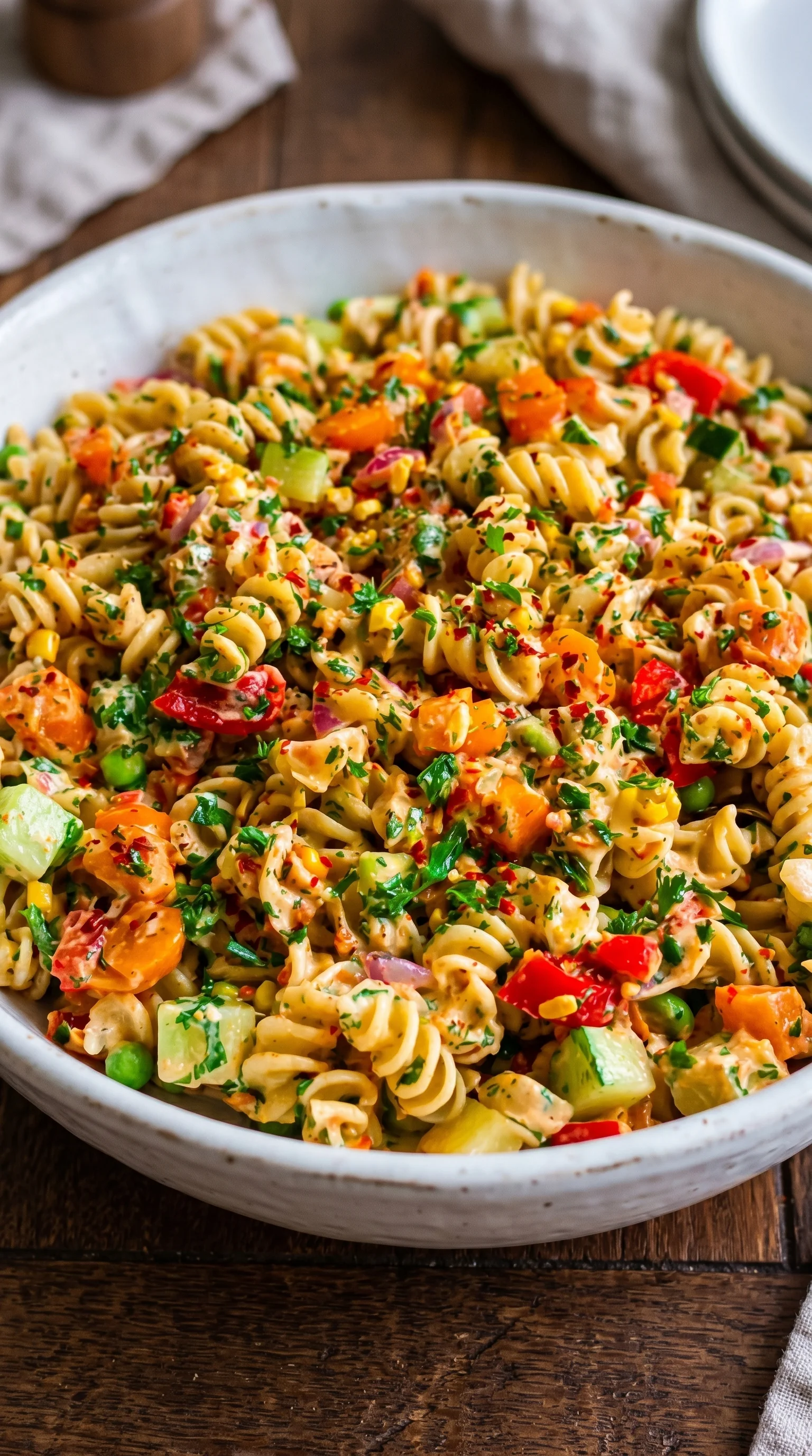A bowl of pasta with vegetables and herbs.
