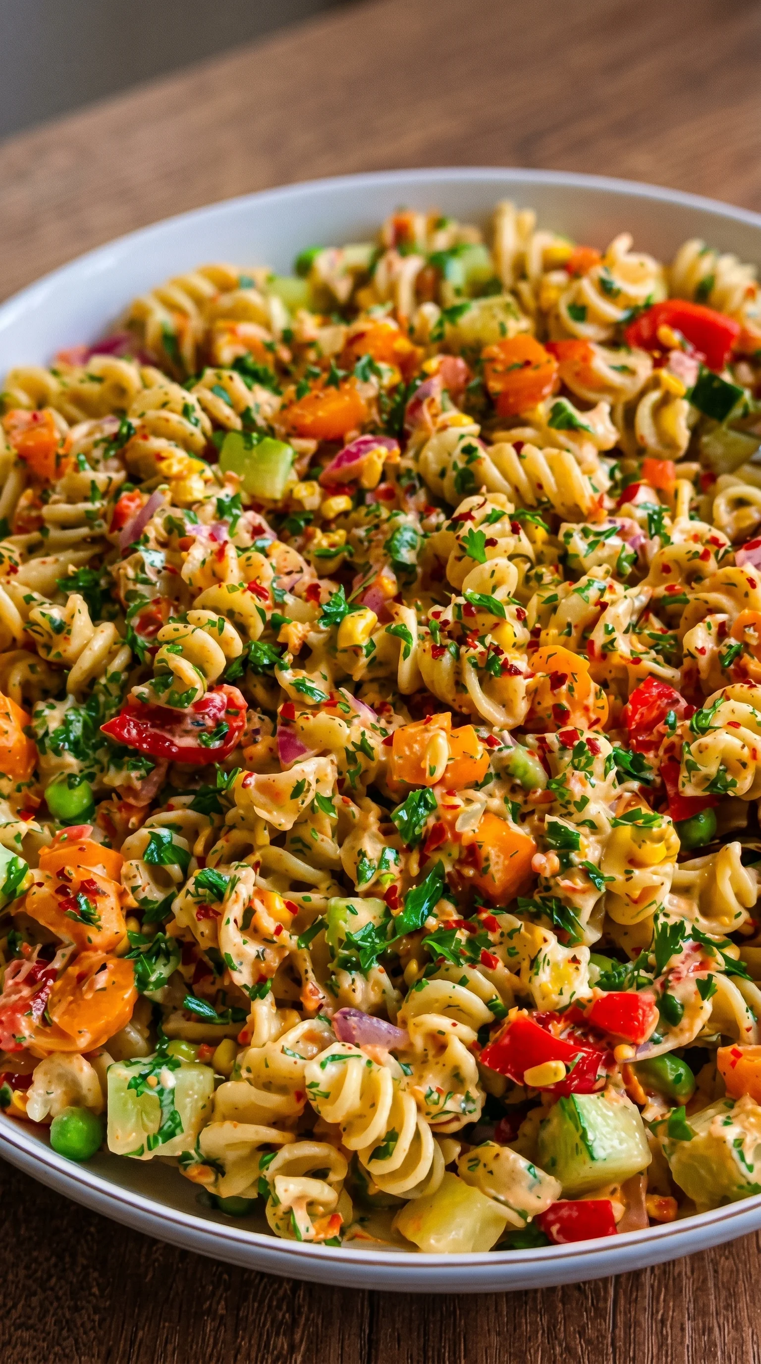 A close up of a dish of pasta salad.