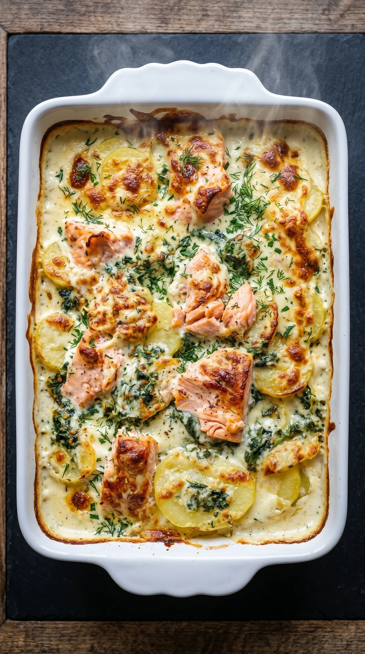A dish with fish and potatoes.