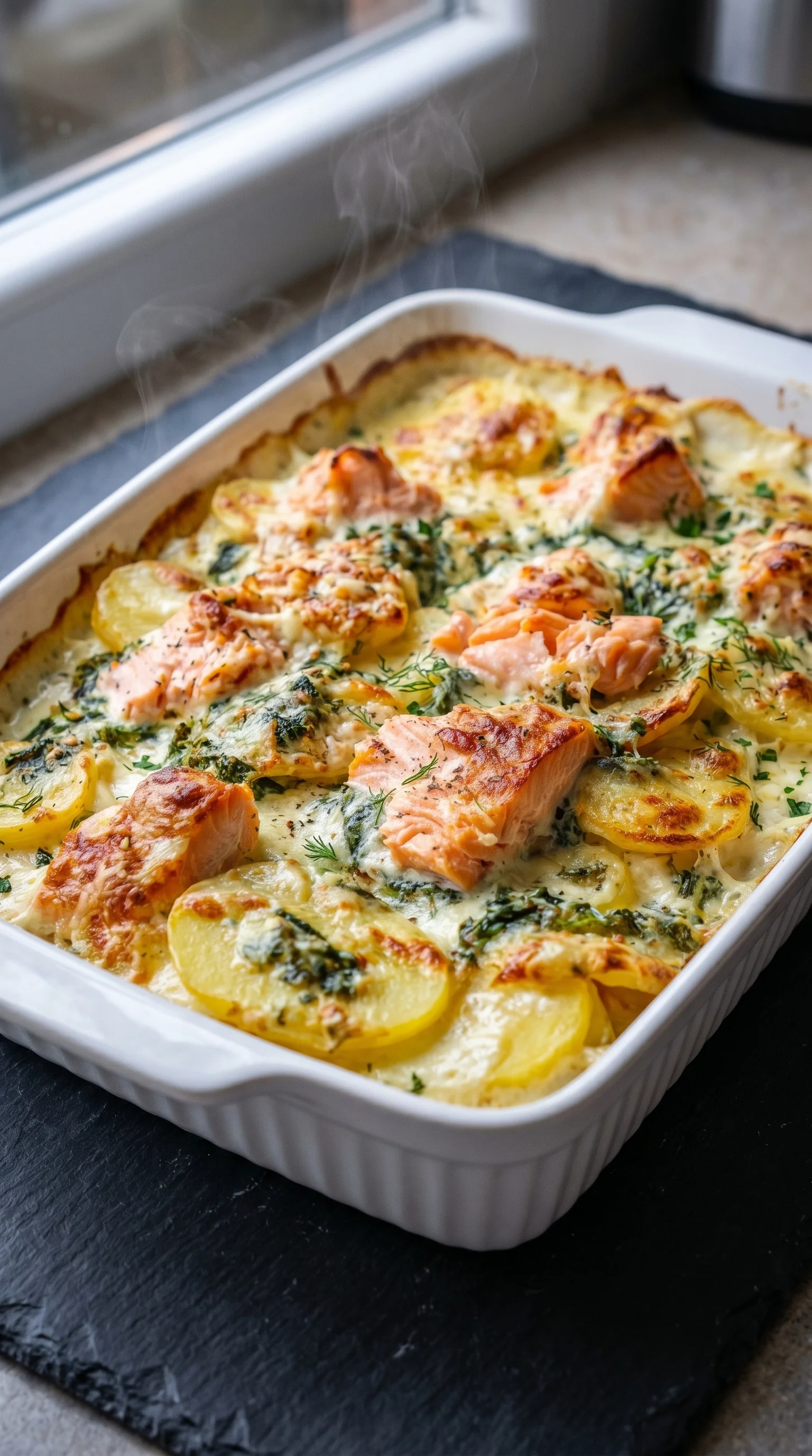 A creamy salmon dish with potatoes.