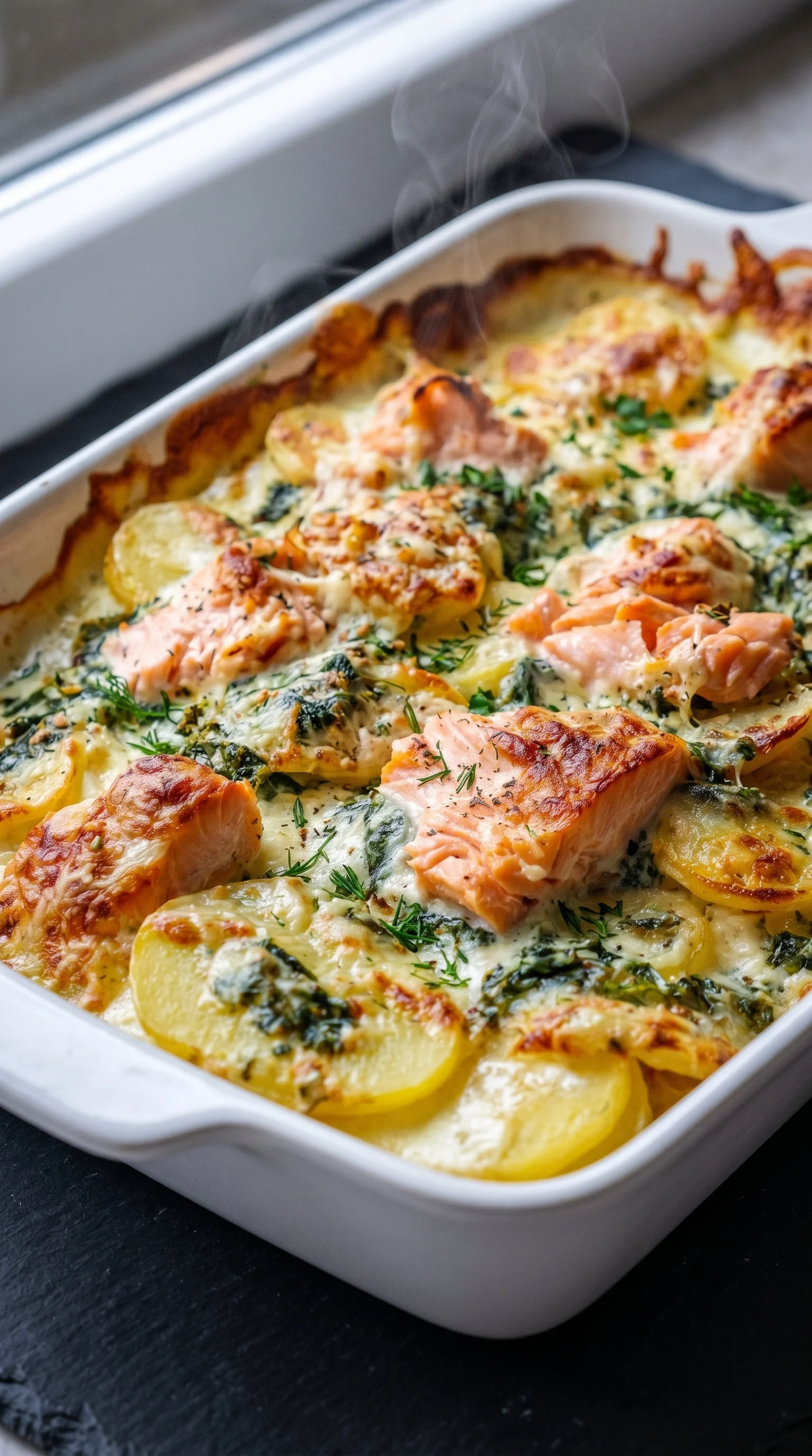 A dish of creamy salmon with potatoes.