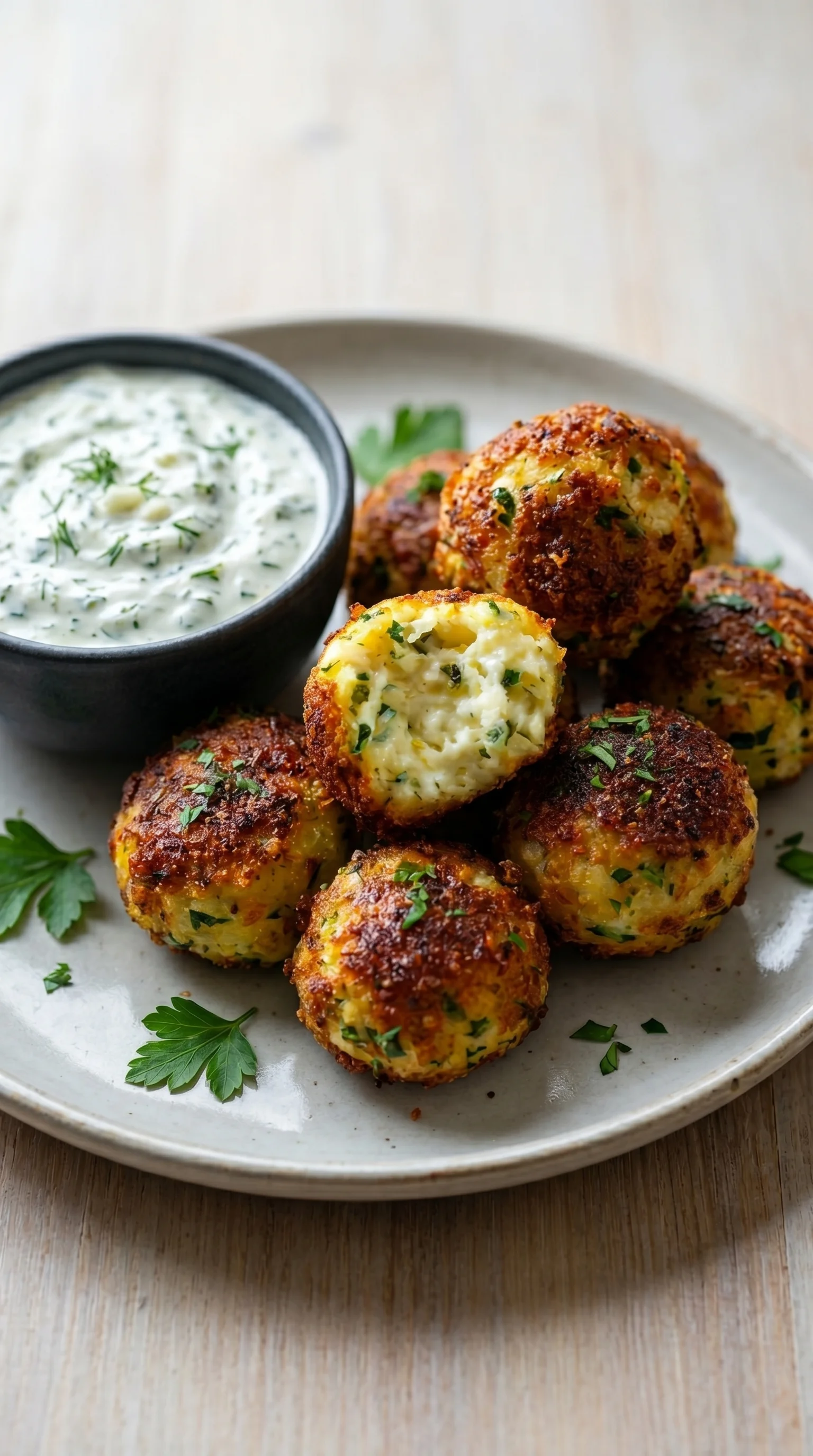 A plate of feta cheese balls with a bowl of sauce.