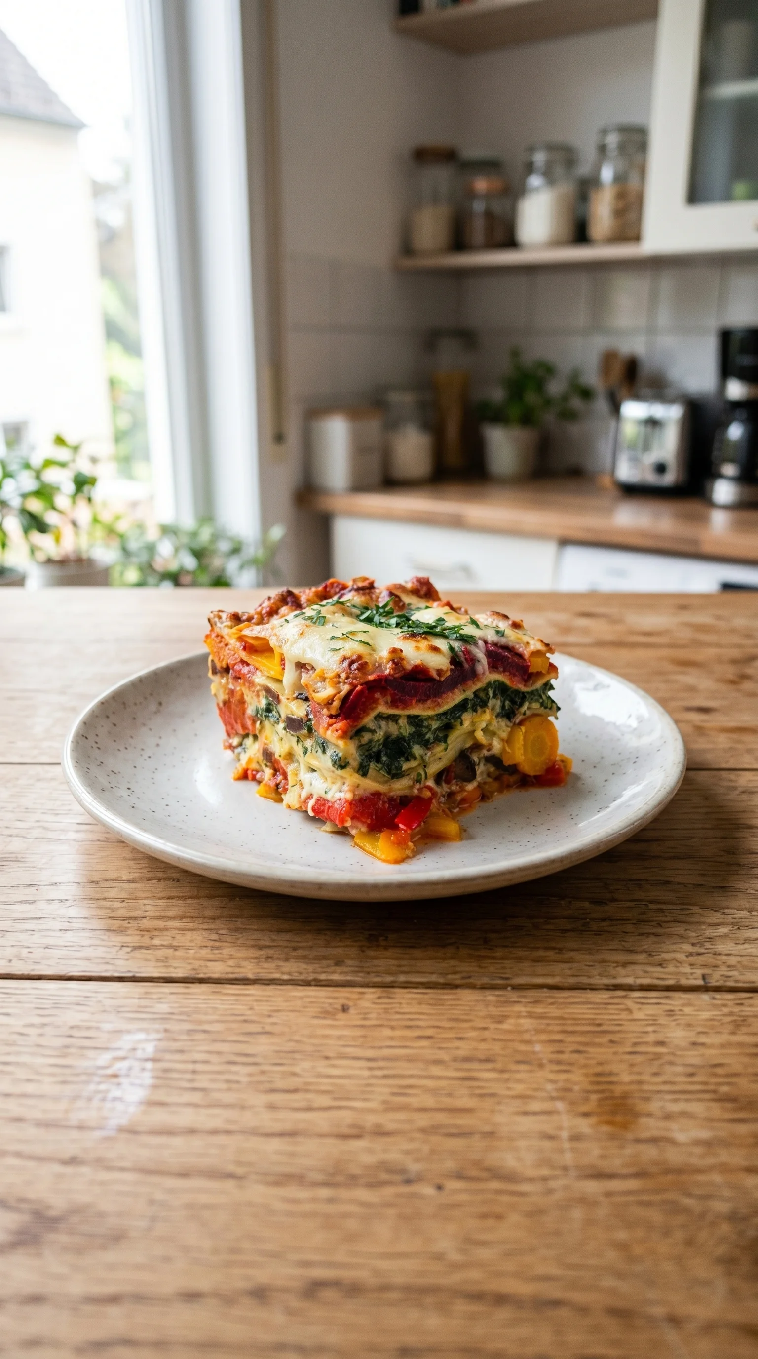 A square plate of lasagna with a slice missing.