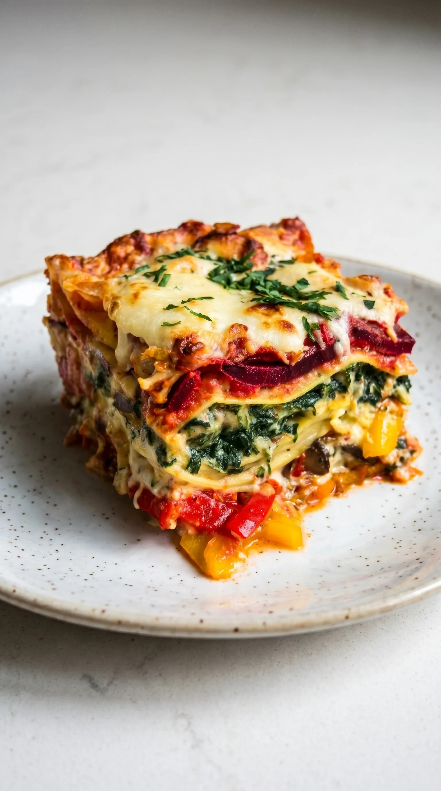 A square piece of lasagna with a slice of yellow pepper on top.