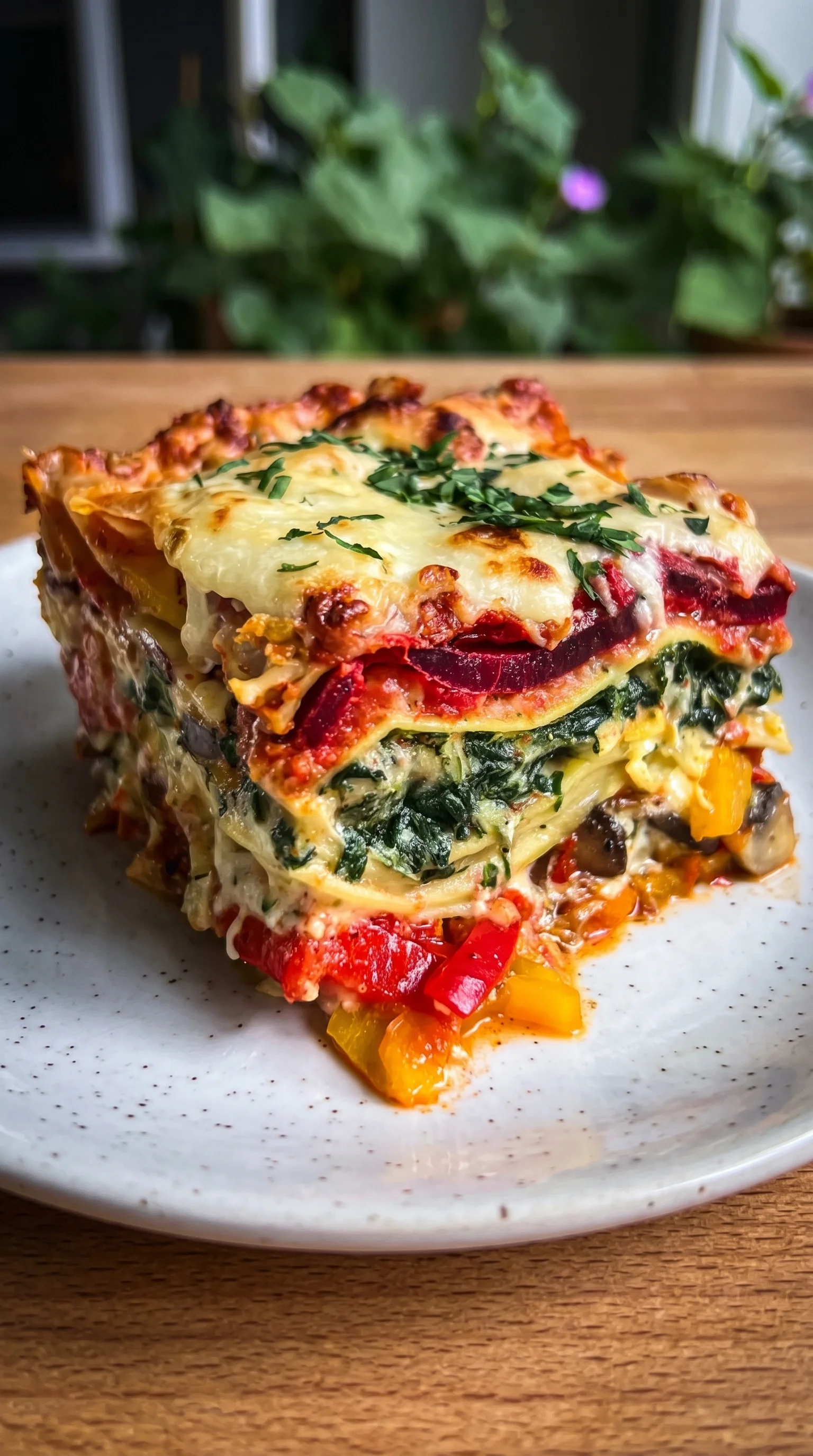 A stack of lasagna with vegetables.