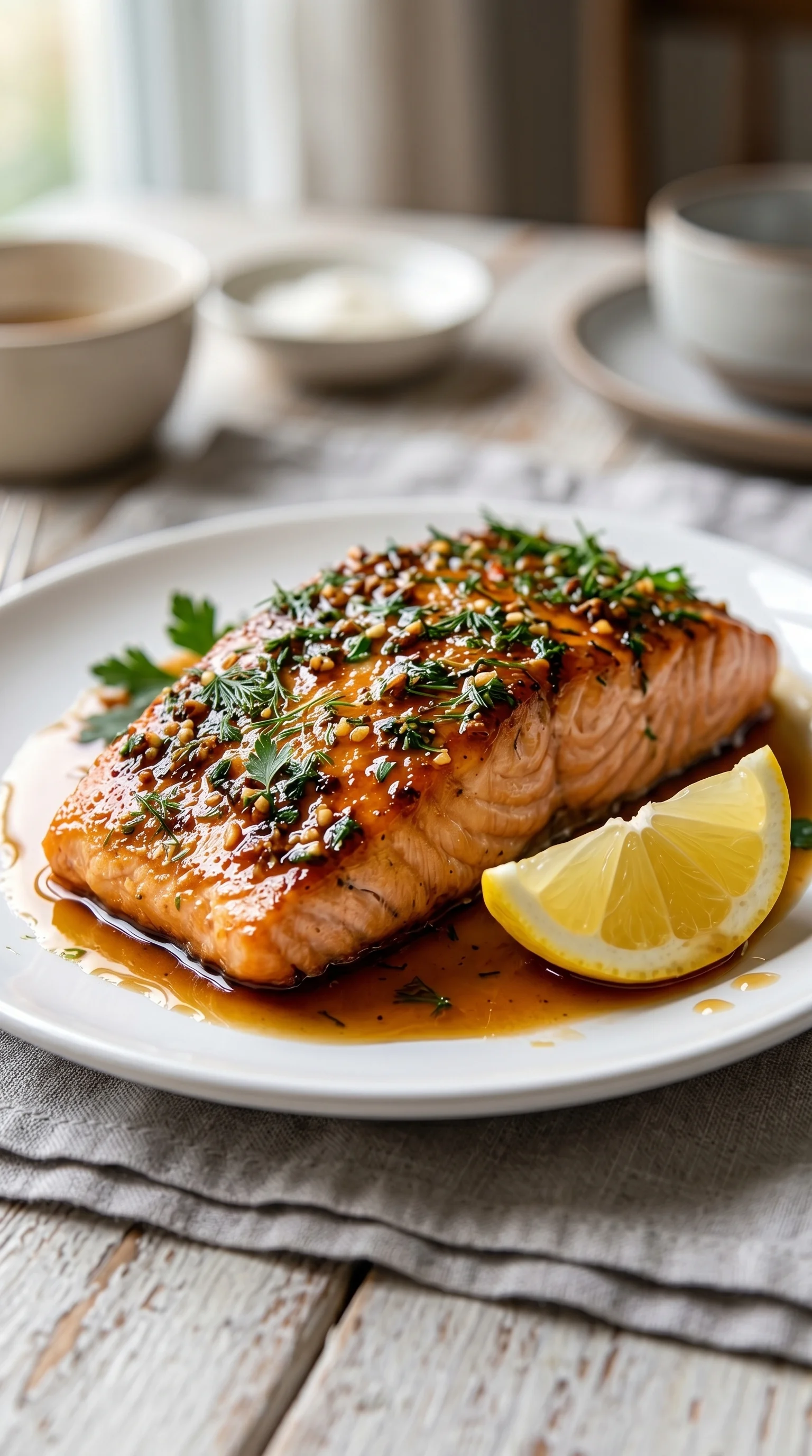 A plate of fish with lemon and herbs.