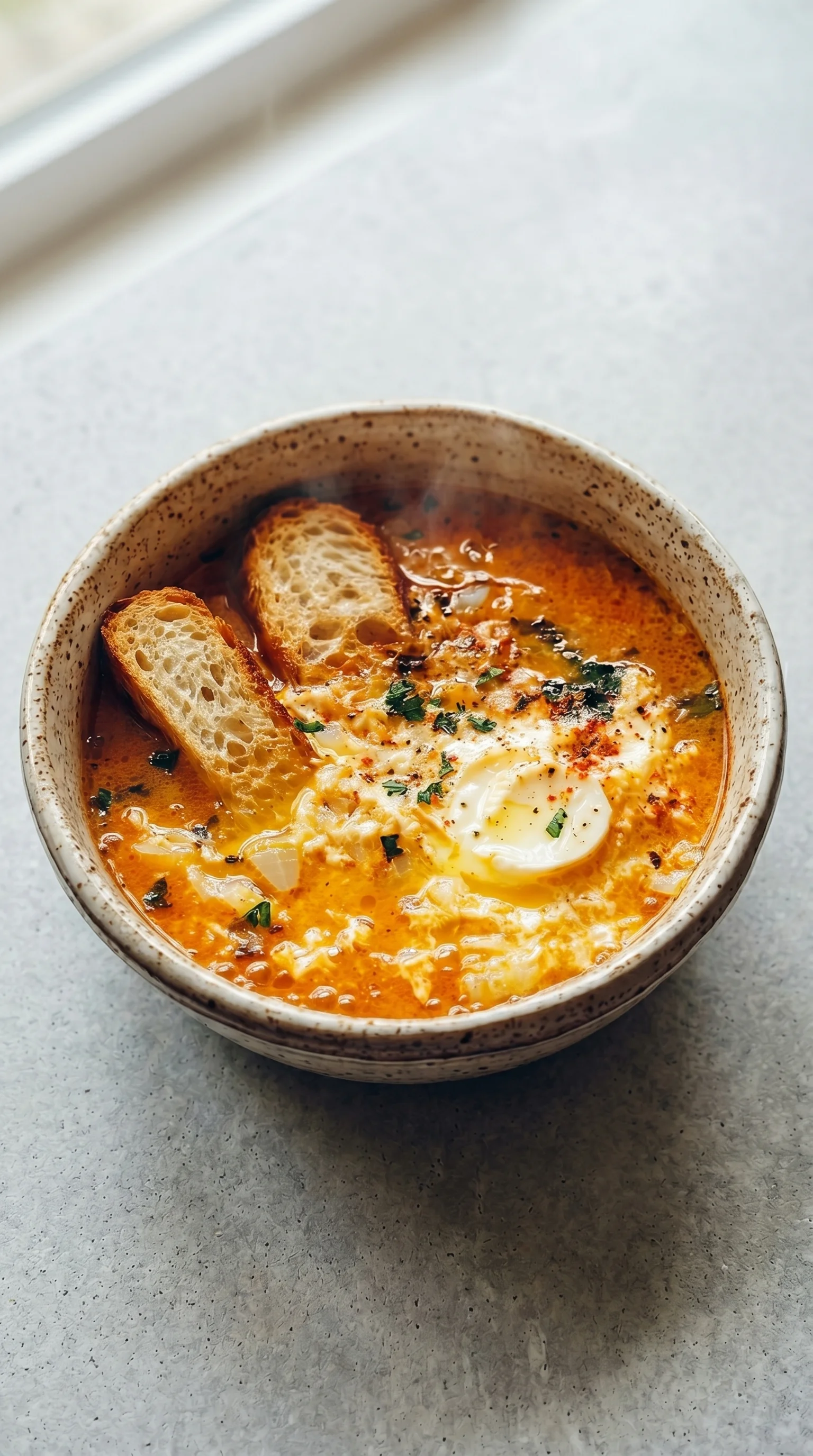 A bowl of Knoblauchsuppe with toast.