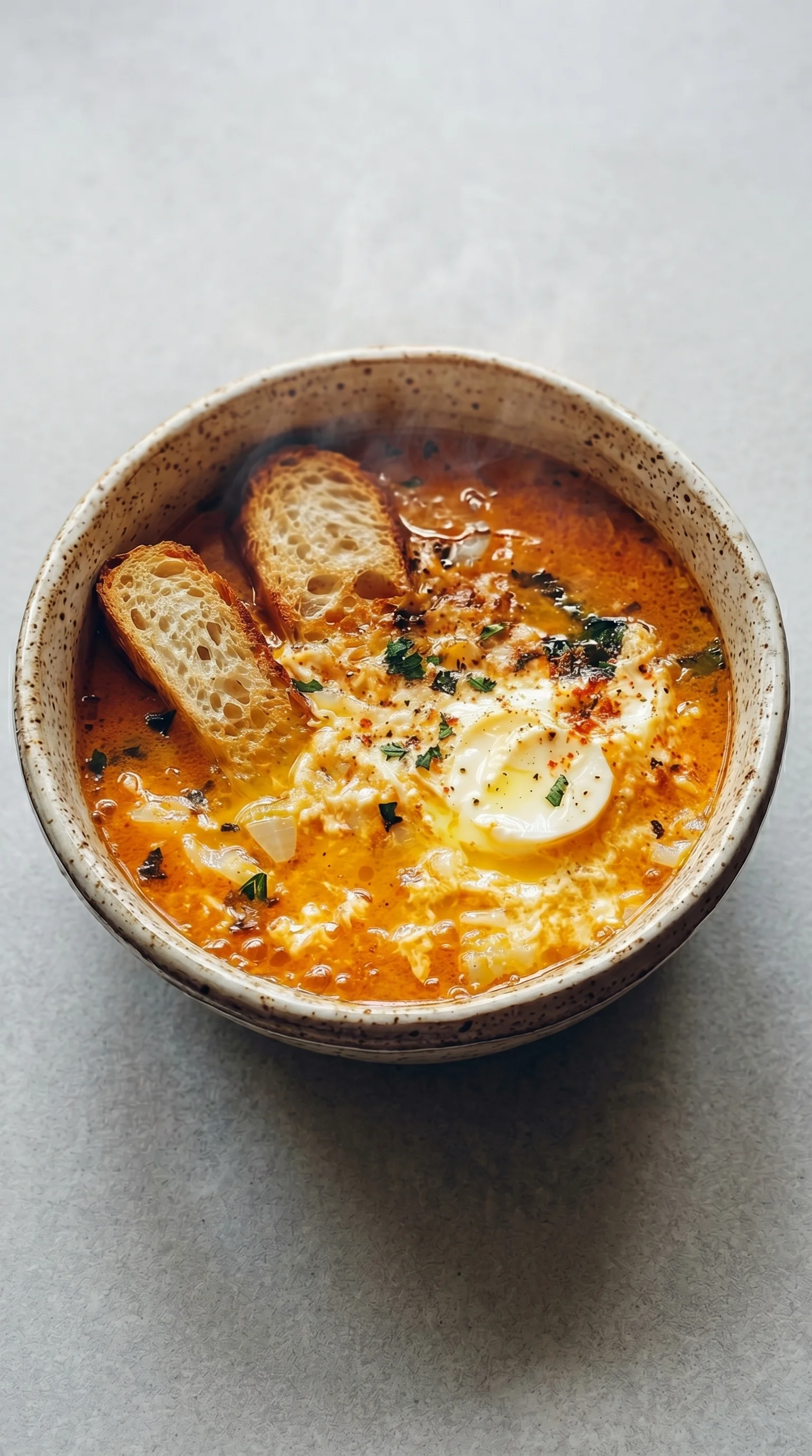 A bowl of Knoblauchsuppe with toast.