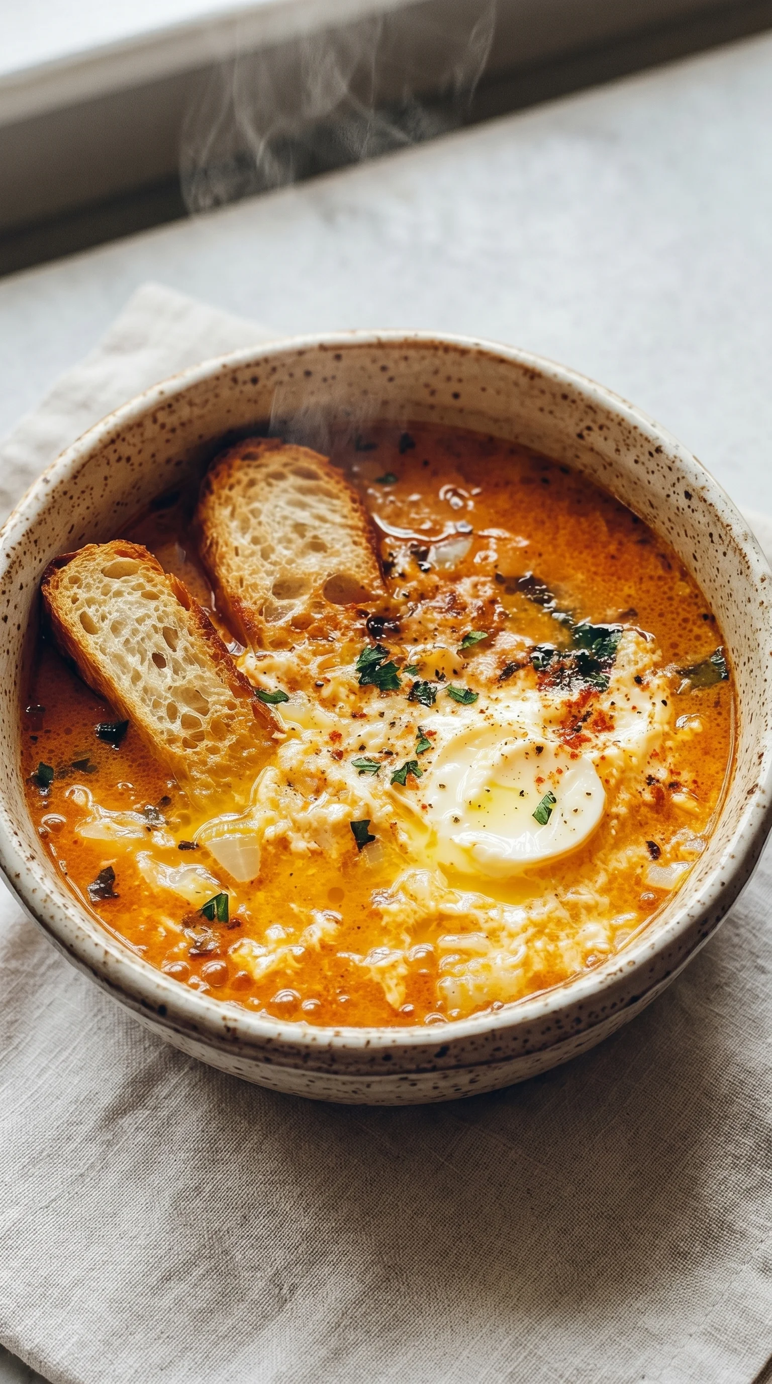 A bowl of Knoblauchsuppe with bread.