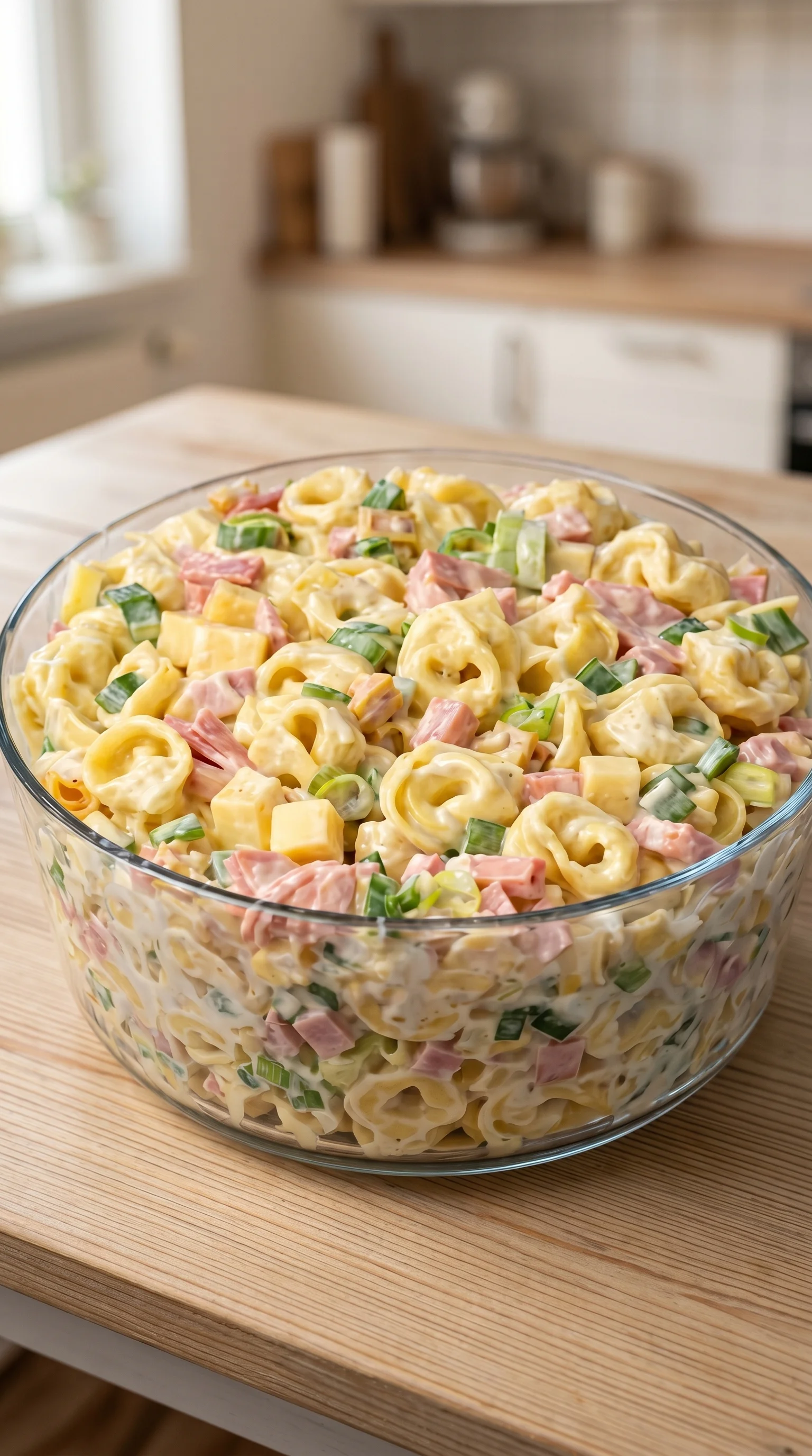 A bowl of pasta salad with ham and cheese.