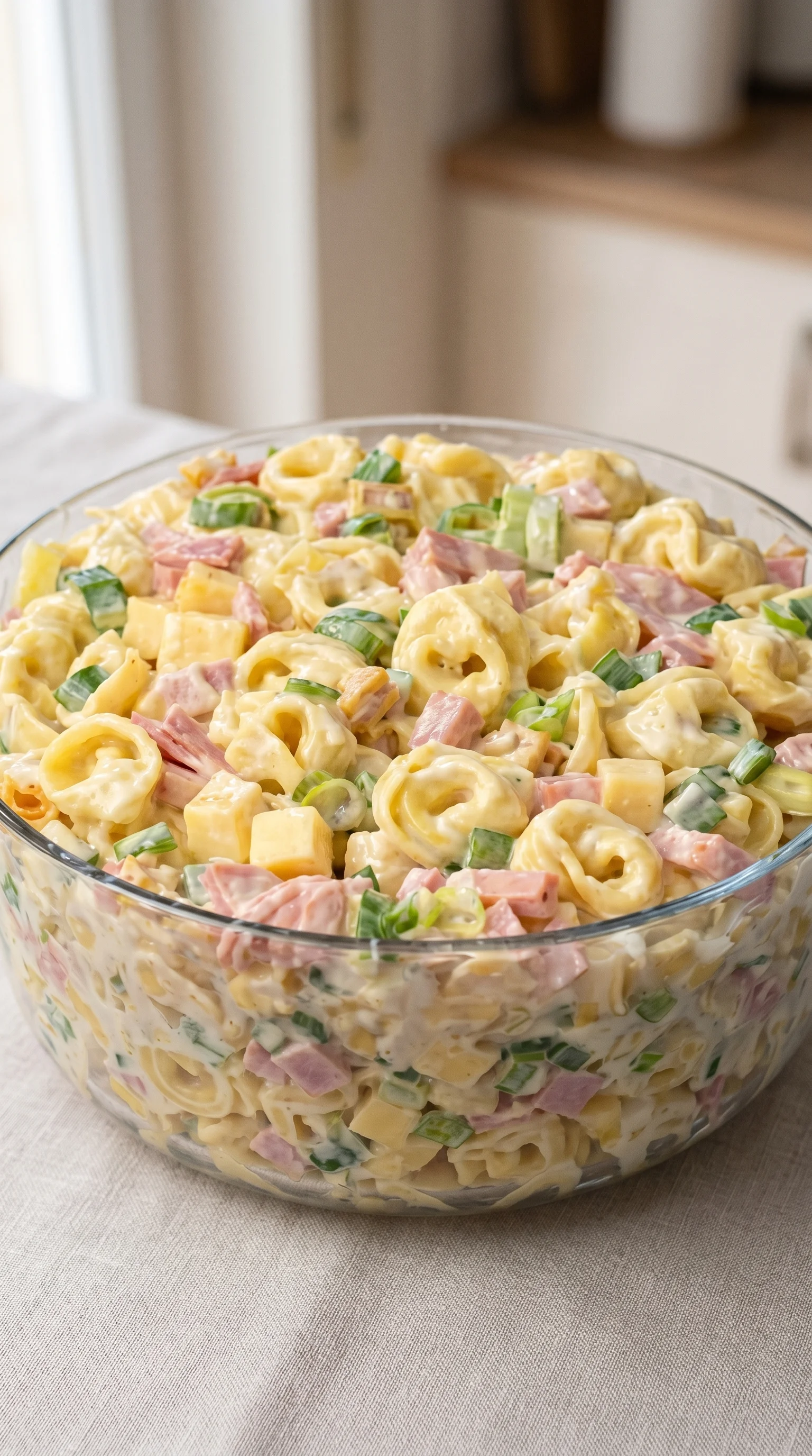 A bowl of pasta salad with ham and vegetables.