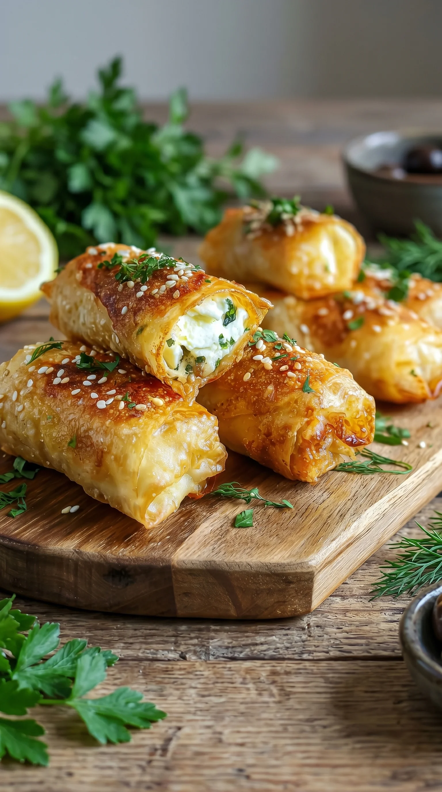 A wooden cutting board with a lemon on it and some feta rolls.