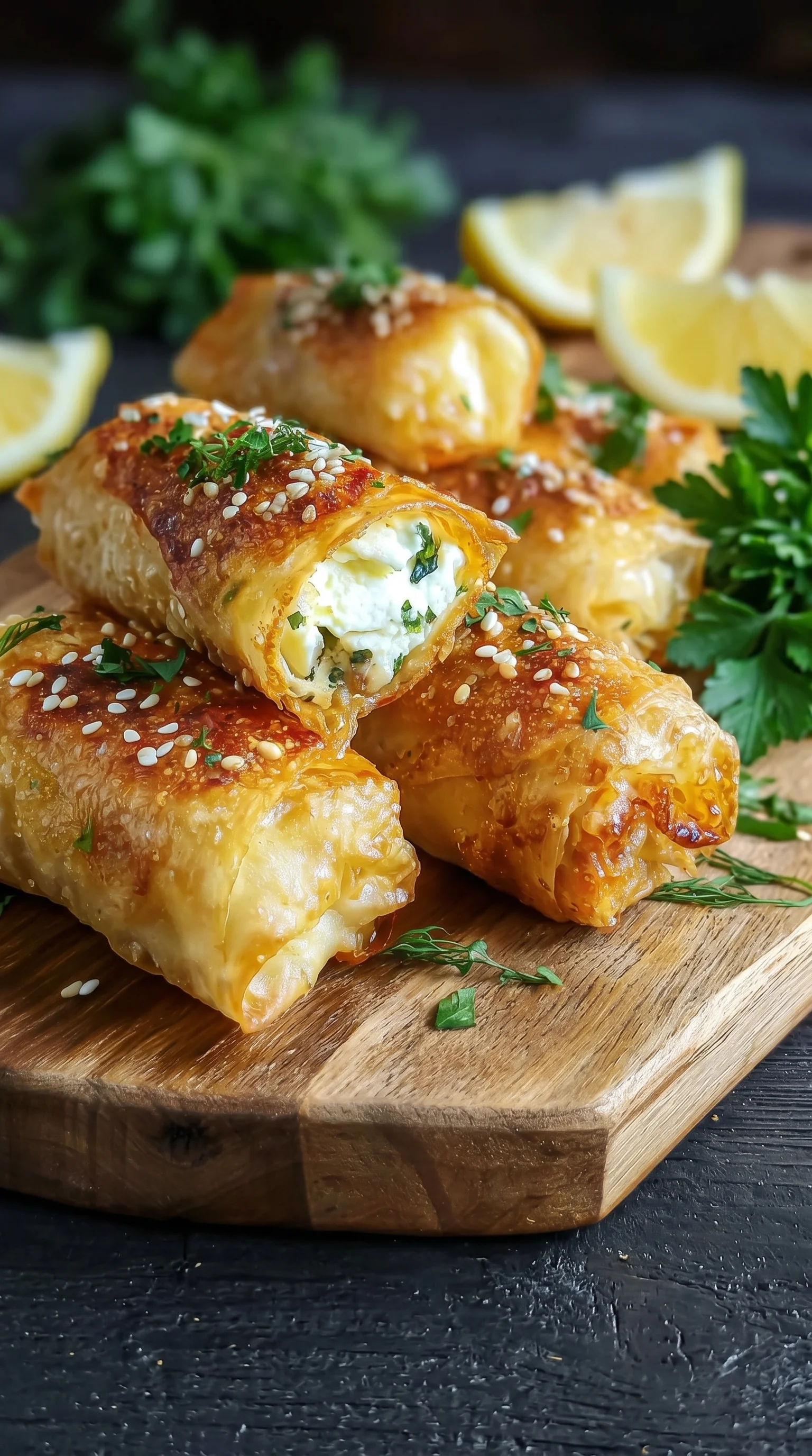 A plate of knusprige ofen-feta-röllchen.
