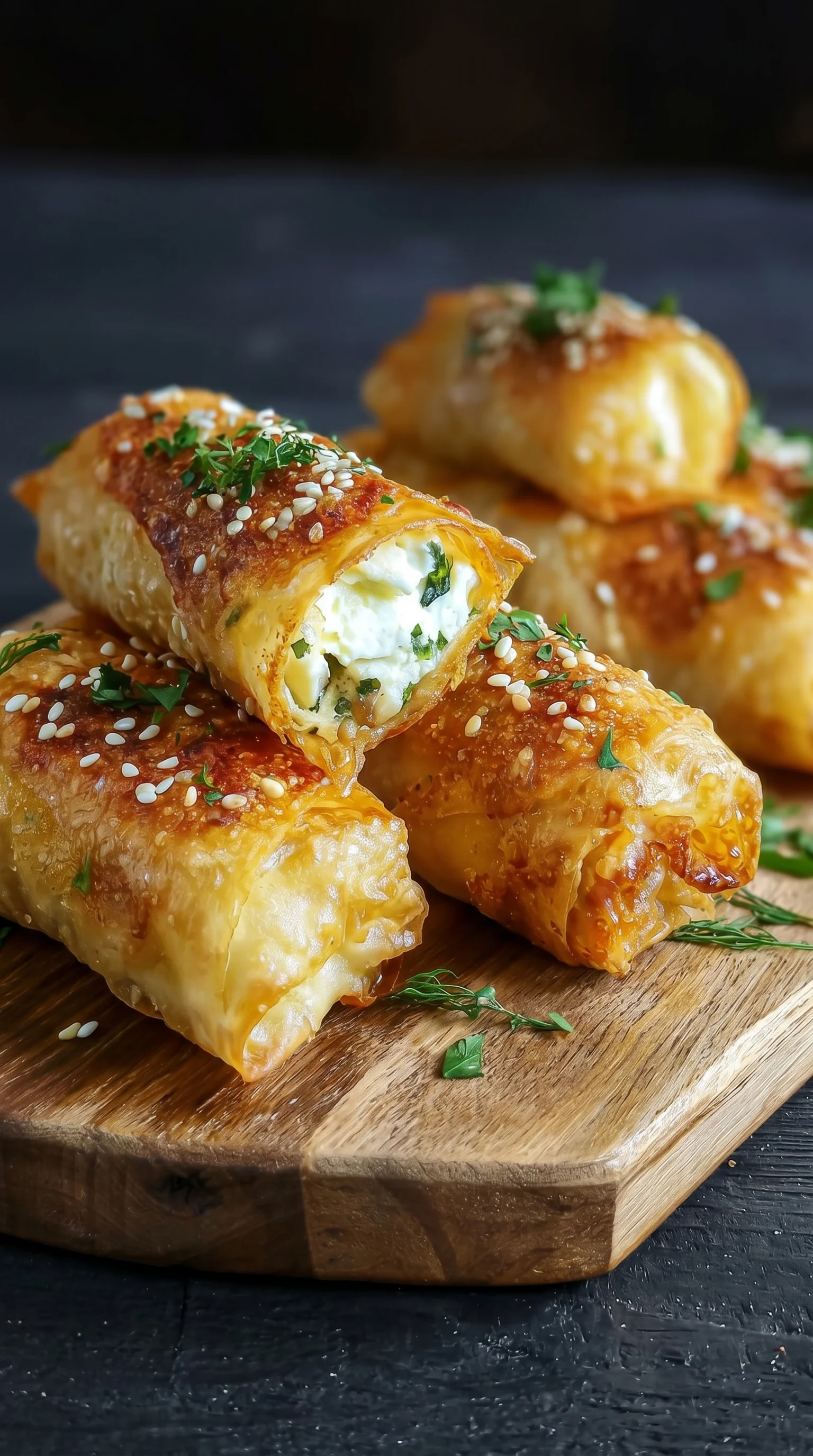 A stack of knusprige ofen-feta-röllchen.