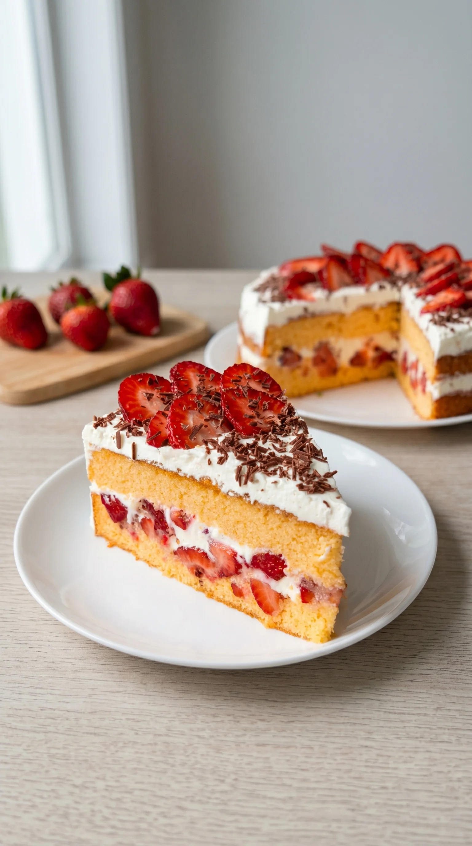 A slice of cake with strawberries and chocolate on a plate.