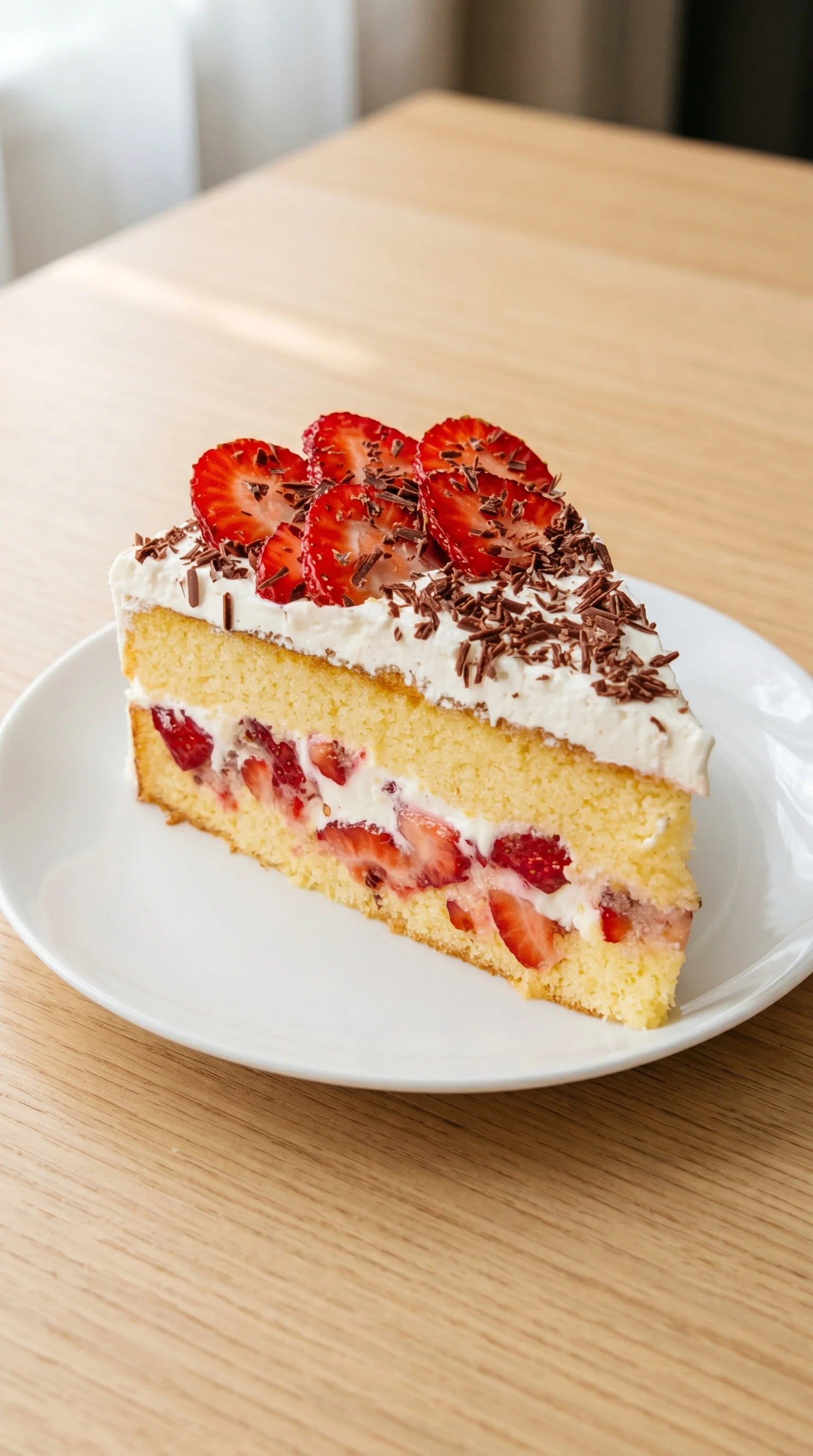 A slice of cake with strawberries and chocolate.