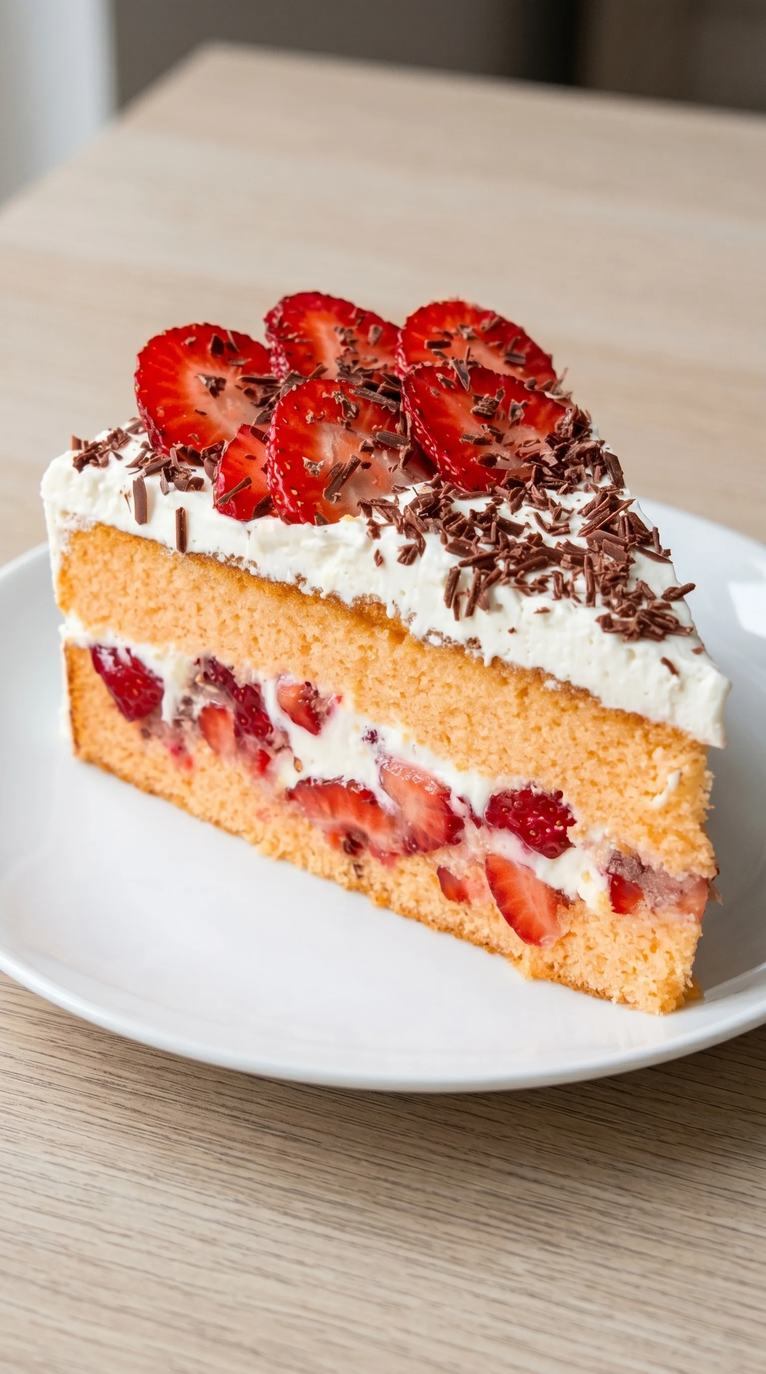 A slice of cake with strawberries on top.