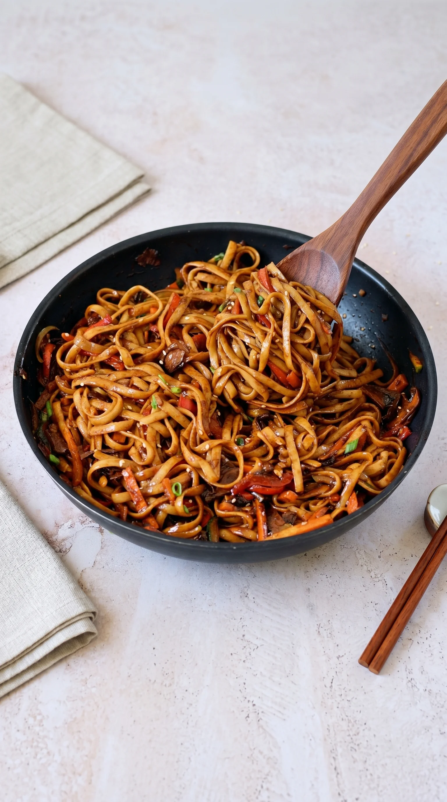 A bowl of noodles with vegetables.