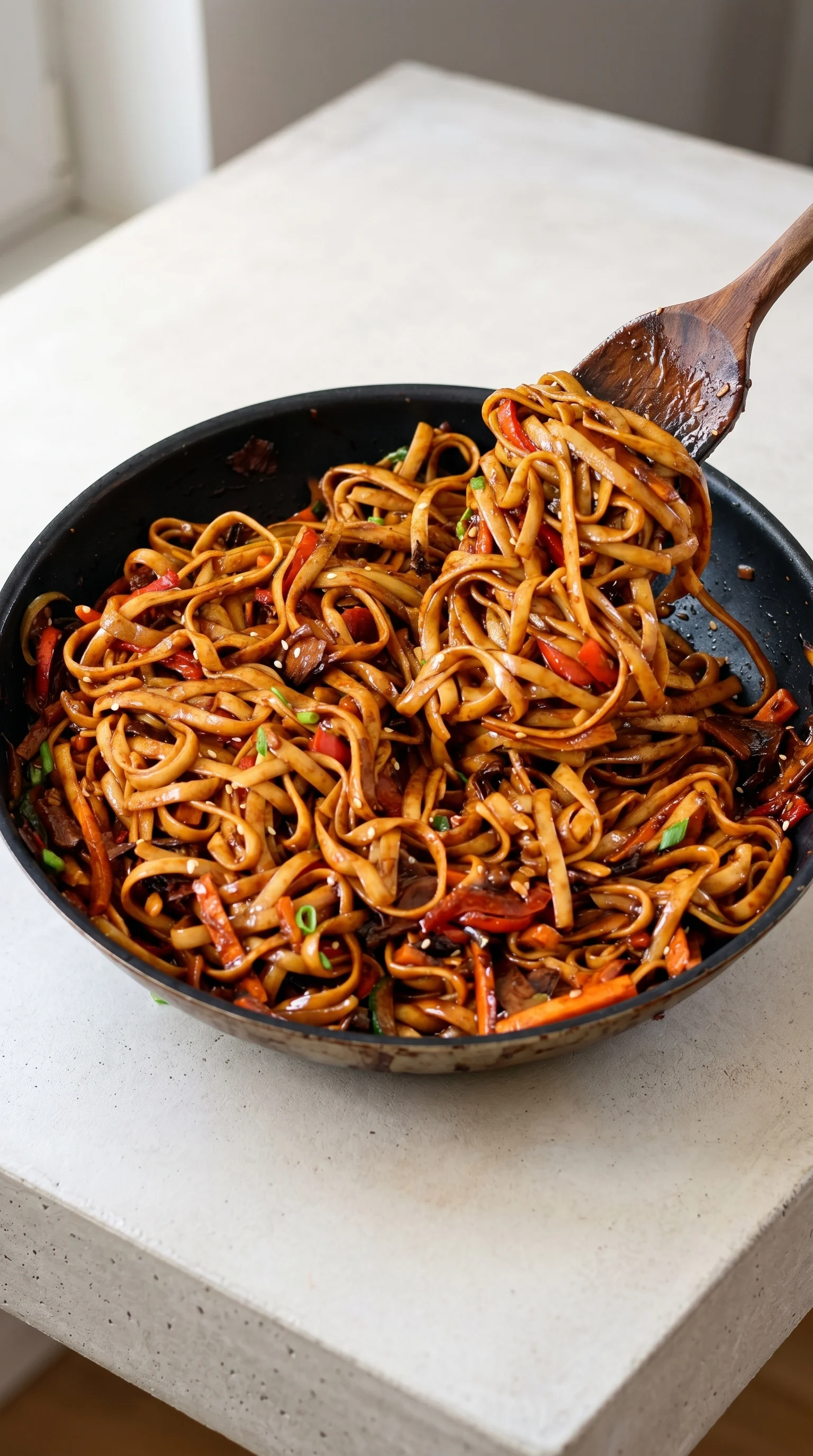 A bowl of noodles with vegetables.