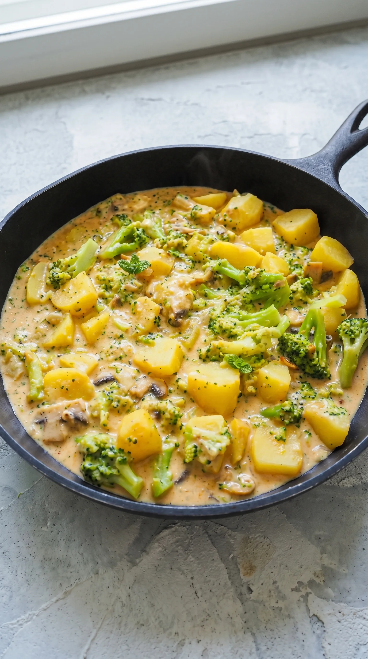 A pan of food with broccoli and potatoes.