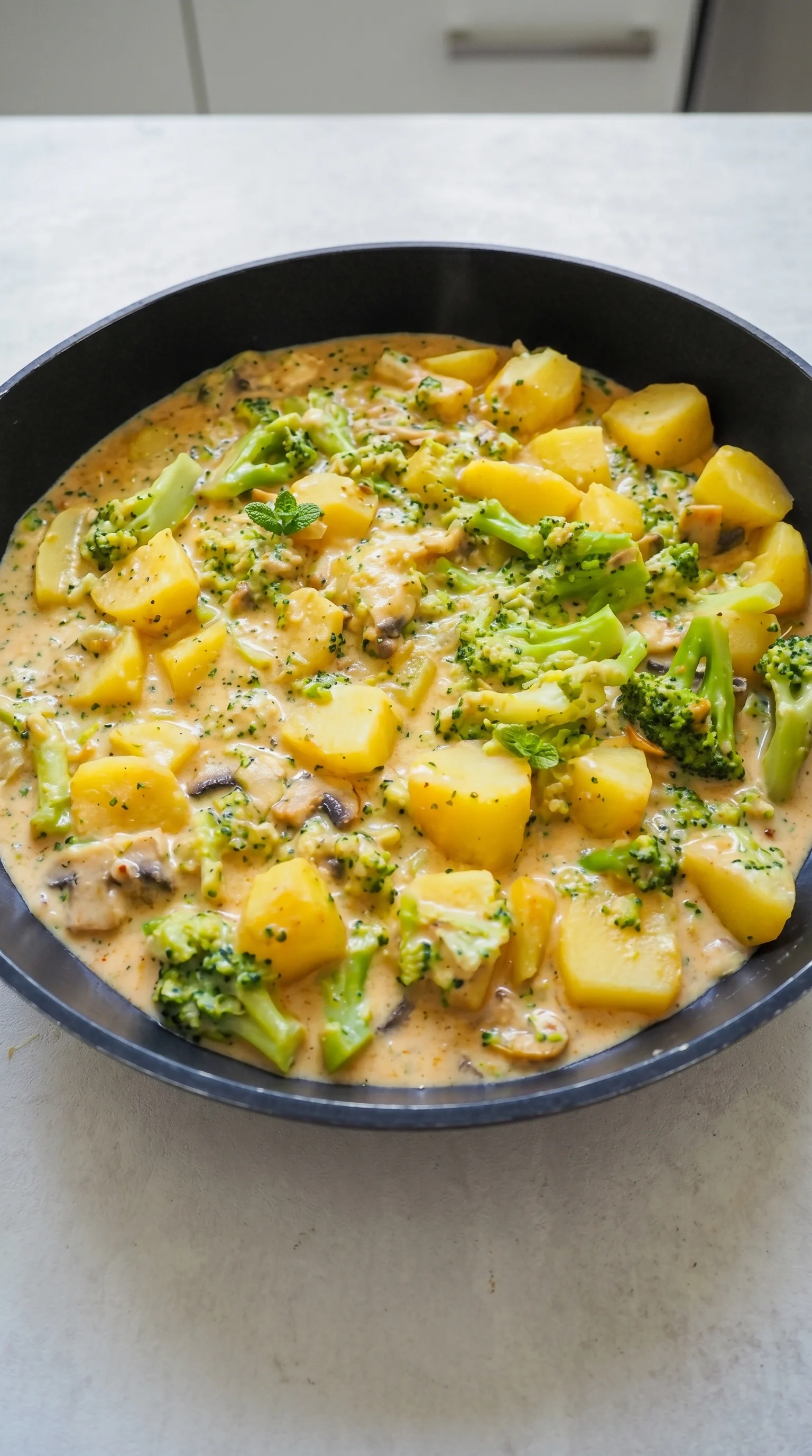A bowl of food with broccoli and potatoes.