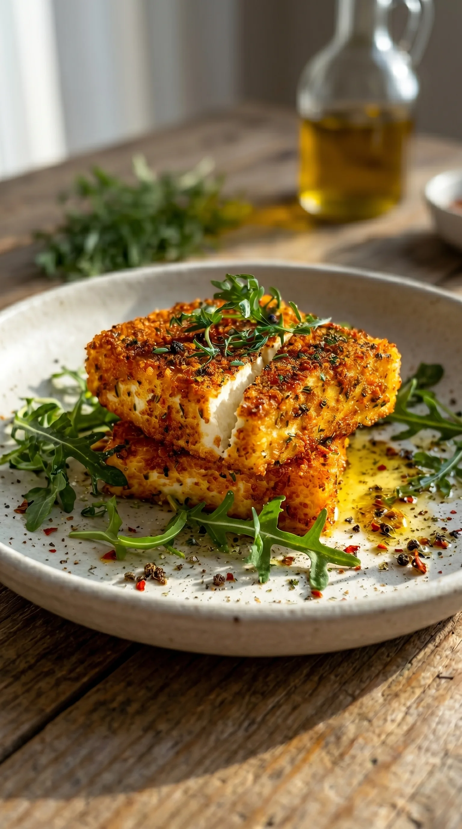 A plate of food with a knuspriger Feta aus dem Airfryer.