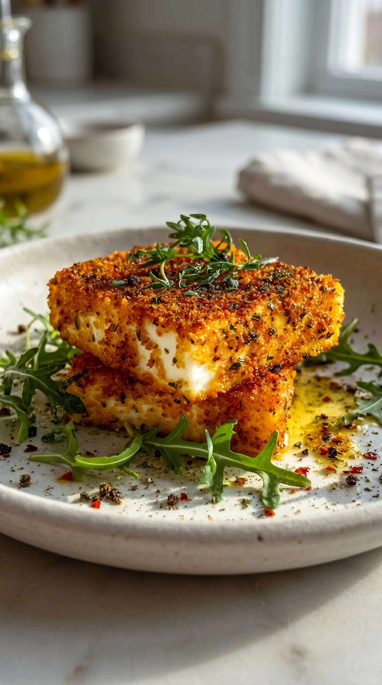 A plate of food with a knuspriger Feta aus dem Airfryer.