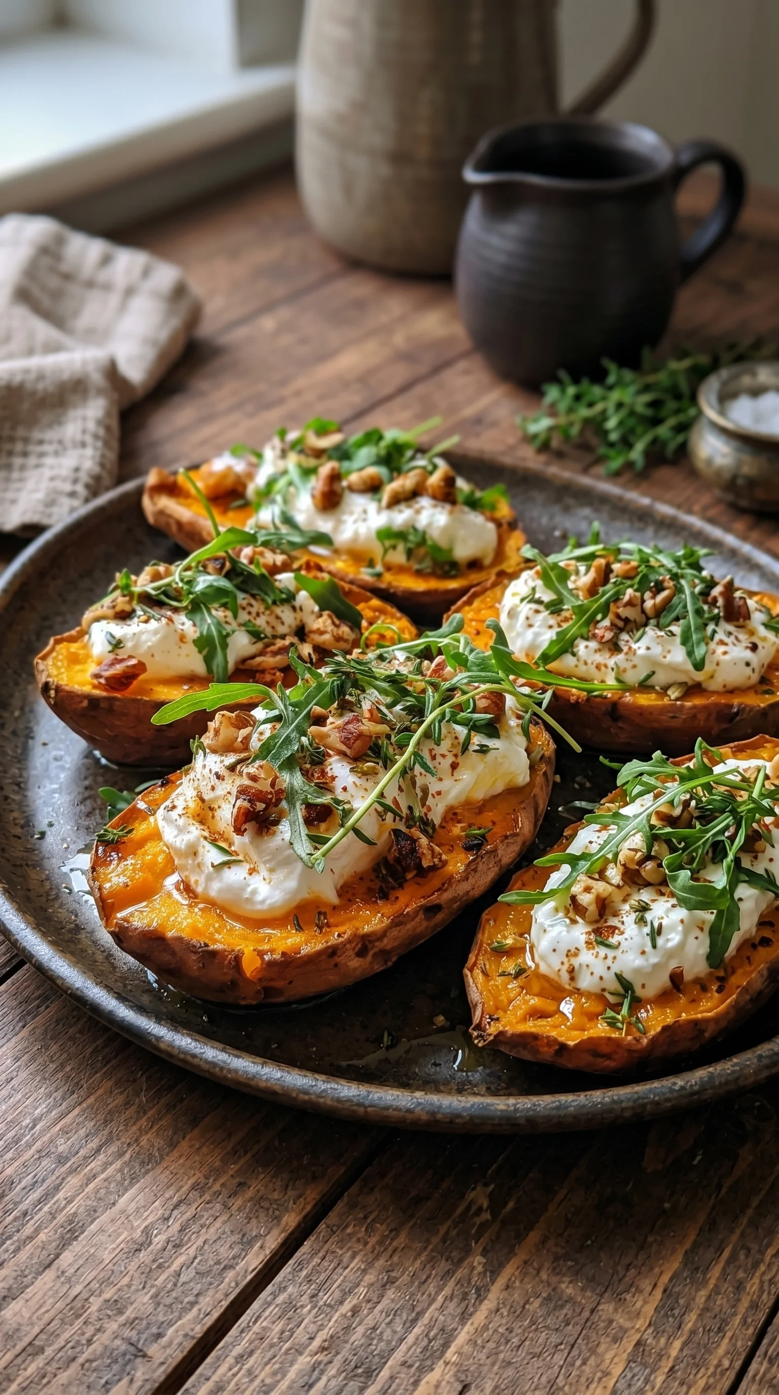 A plate of baked potatoes with white sauce and nuts.
