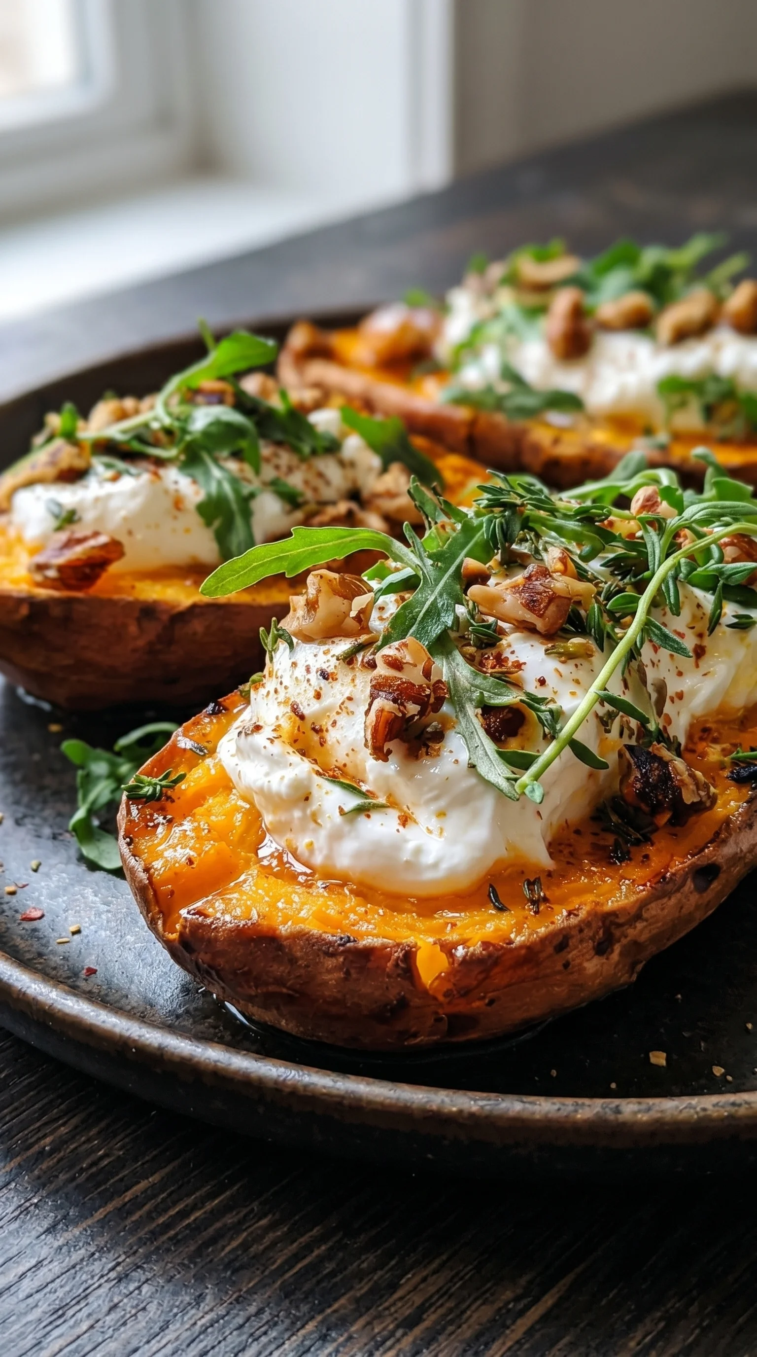 Two sliced sweet potatoes filled with burrata cheese.